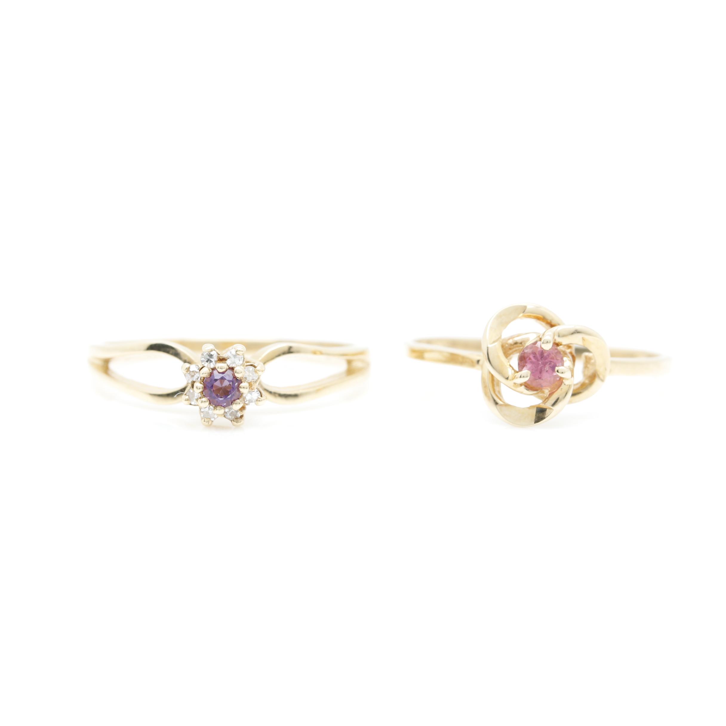 10K Yellow Gold Amethyst Pink Tourmaline and Diamond Rings