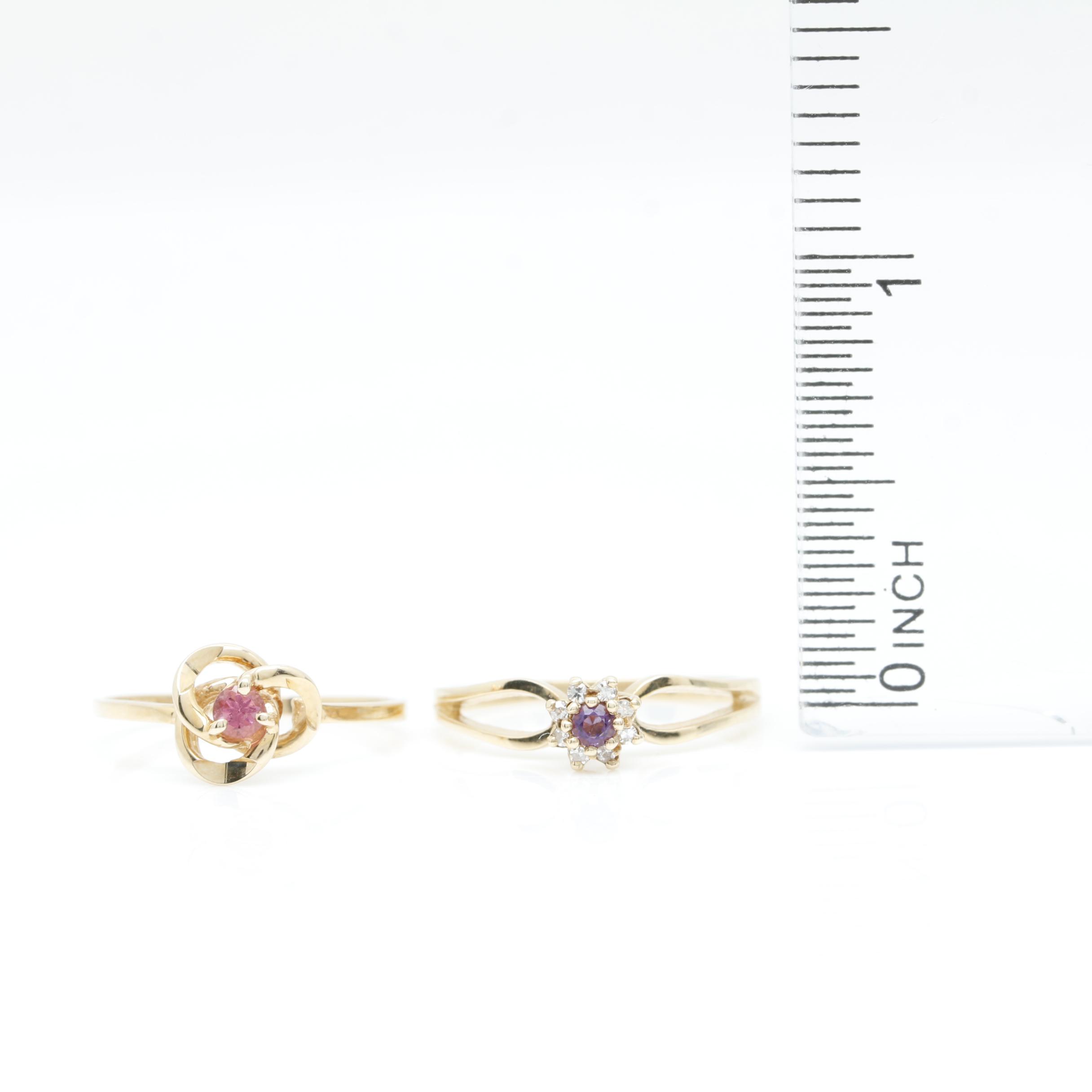 10K Yellow Gold Amethyst Pink Tourmaline and Diamond Rings