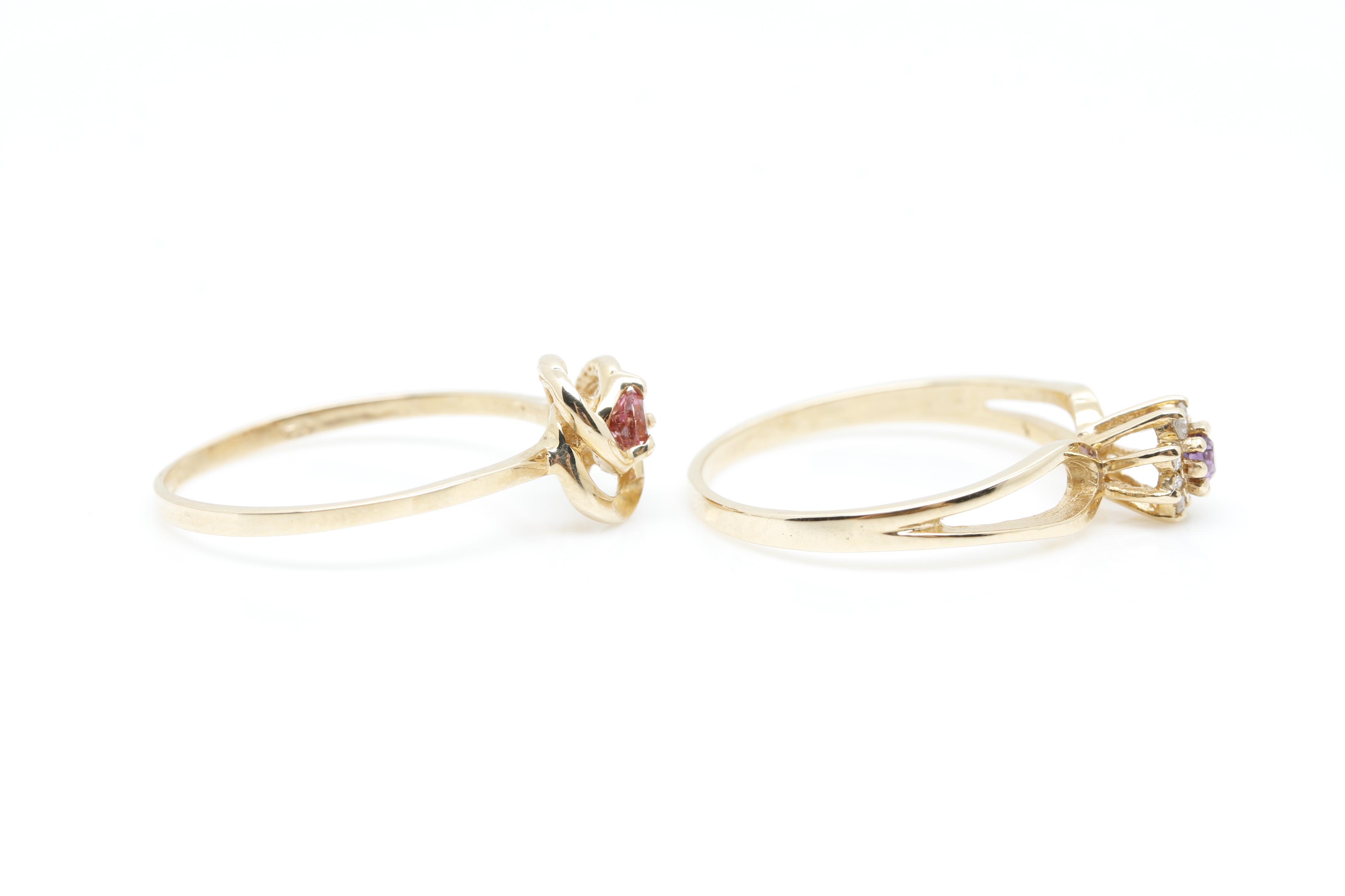 10K Yellow Gold Amethyst Pink Tourmaline and Diamond Rings