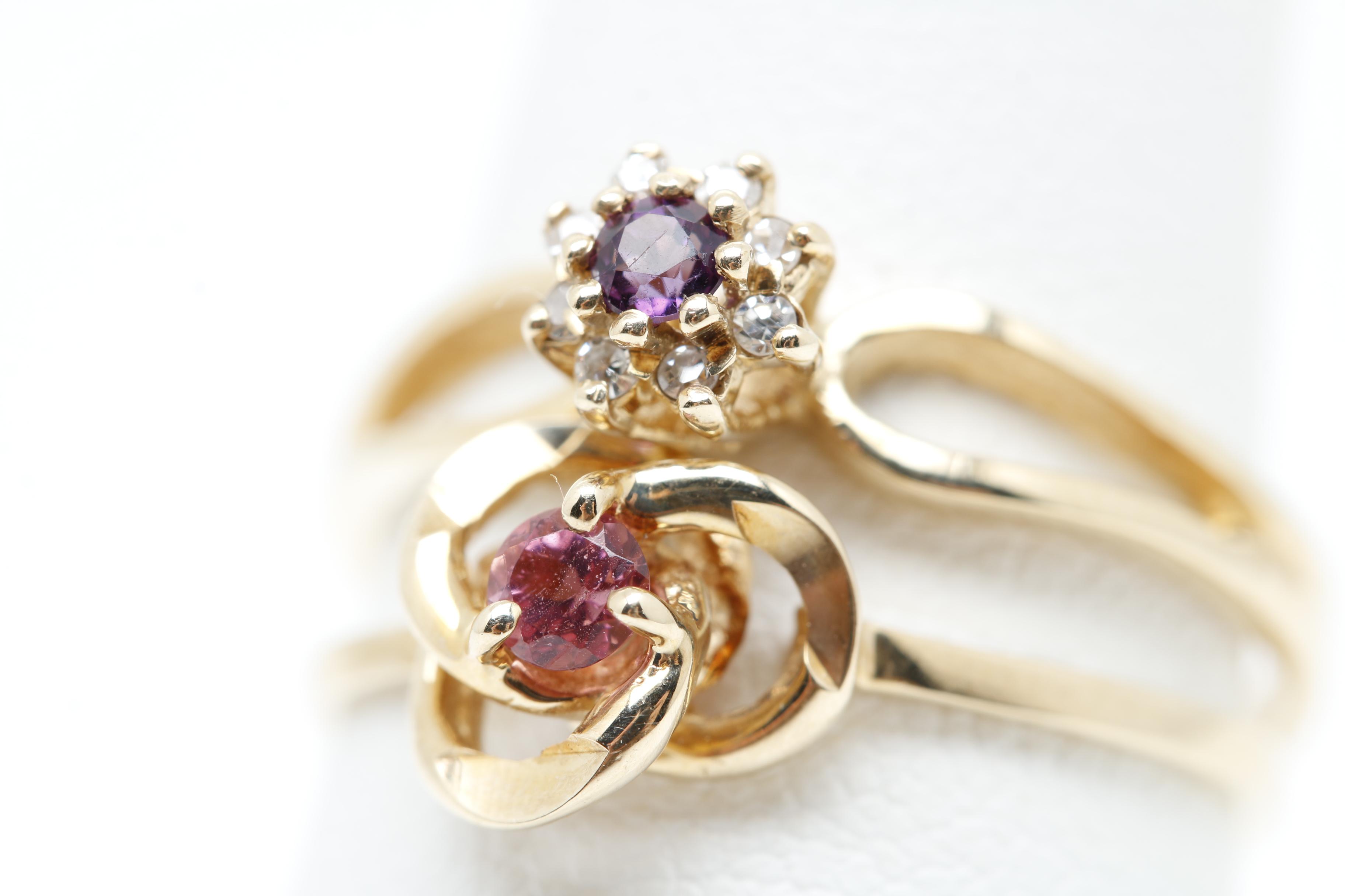10K Yellow Gold Amethyst Pink Tourmaline and Diamond Rings