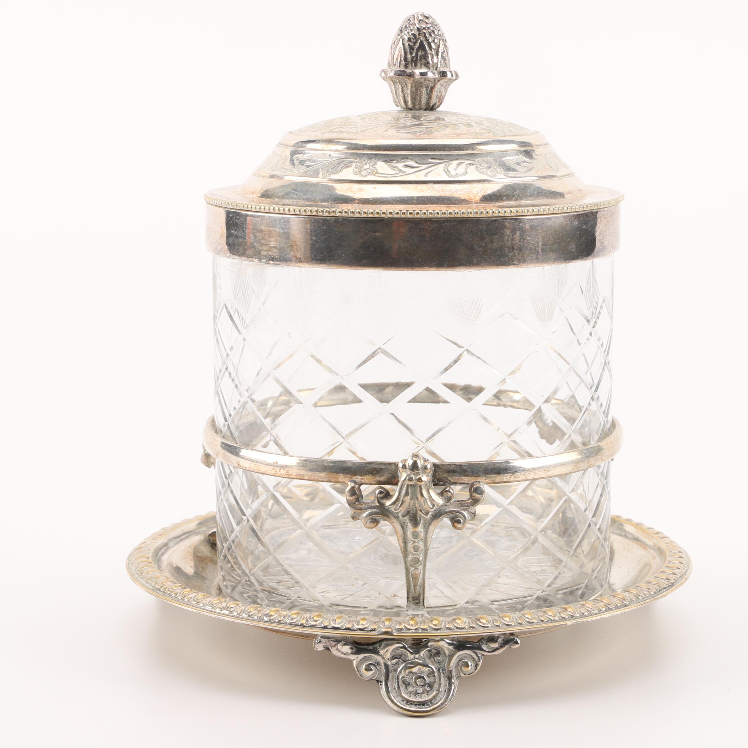 Silver Plate and Cut Glass Biscuit Barrel with Stand