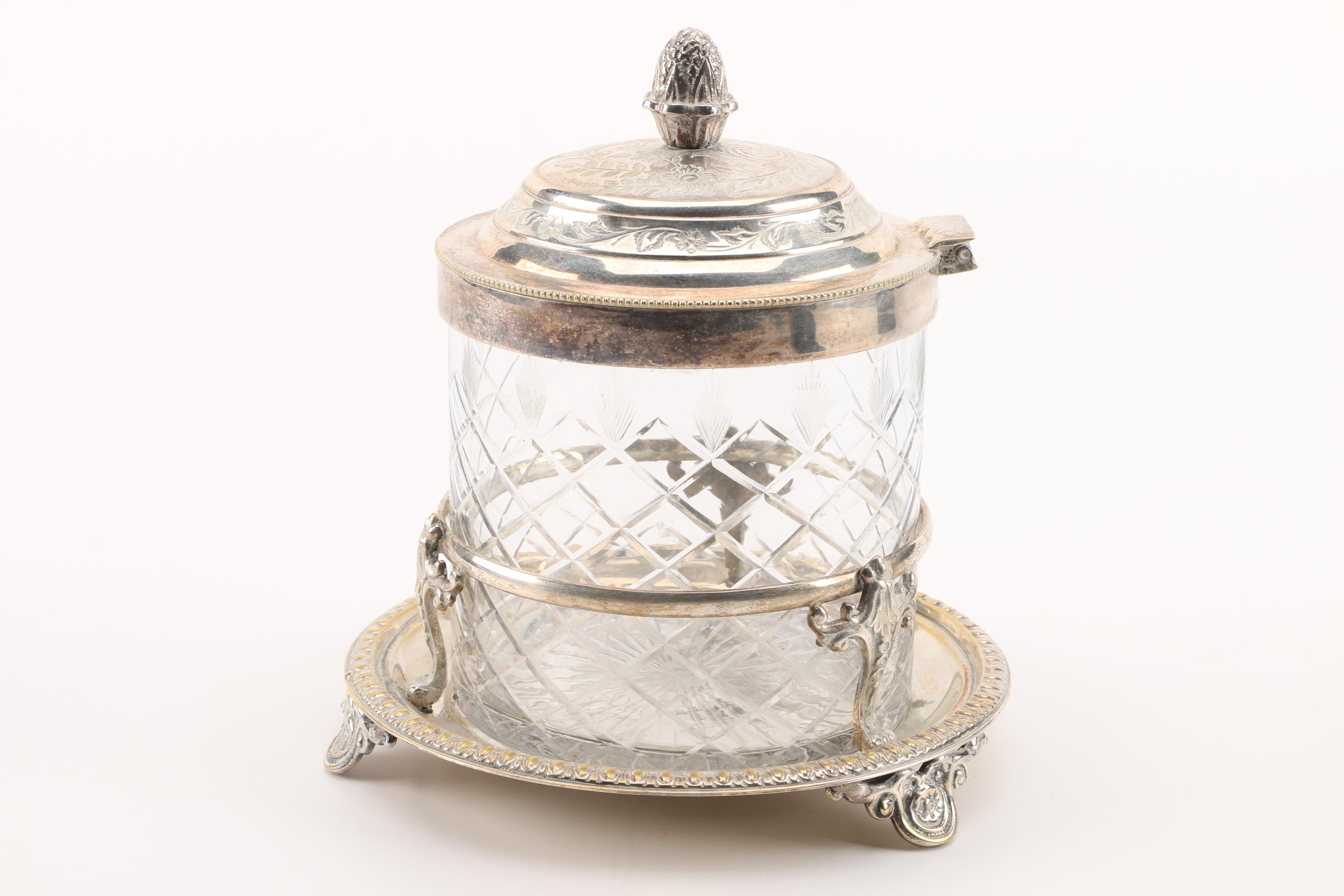 Silver Plate and Cut Glass Biscuit Barrel with Stand