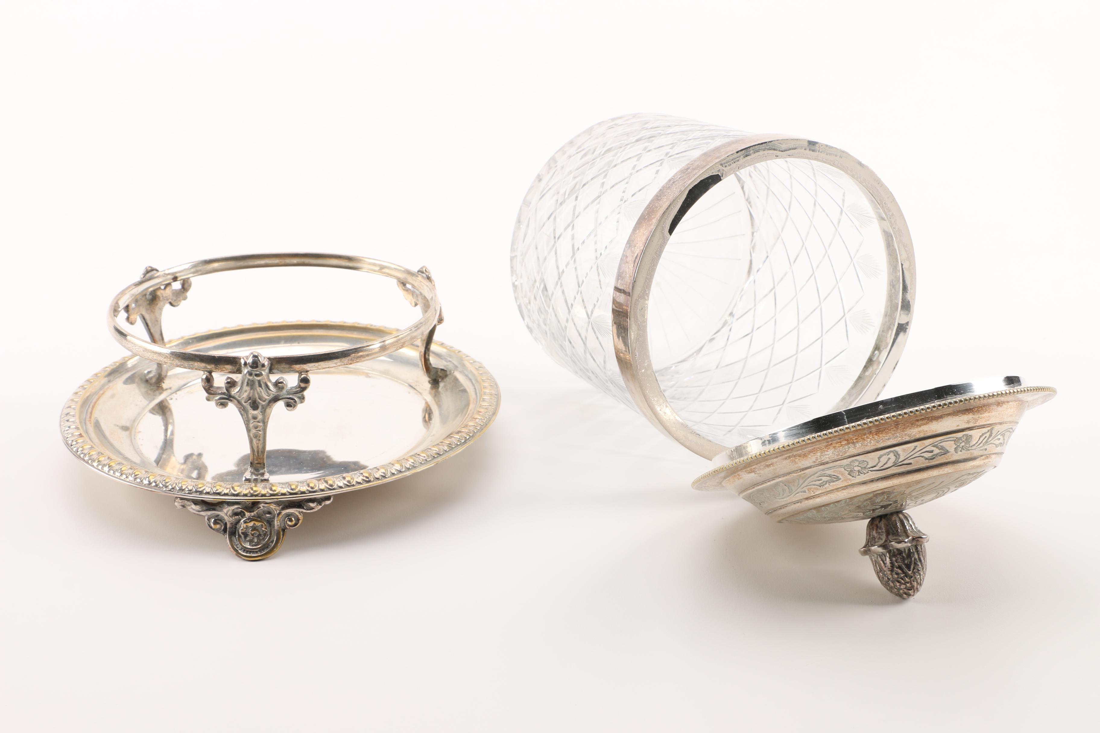 Silver Plate and Cut Glass Biscuit Barrel with Stand