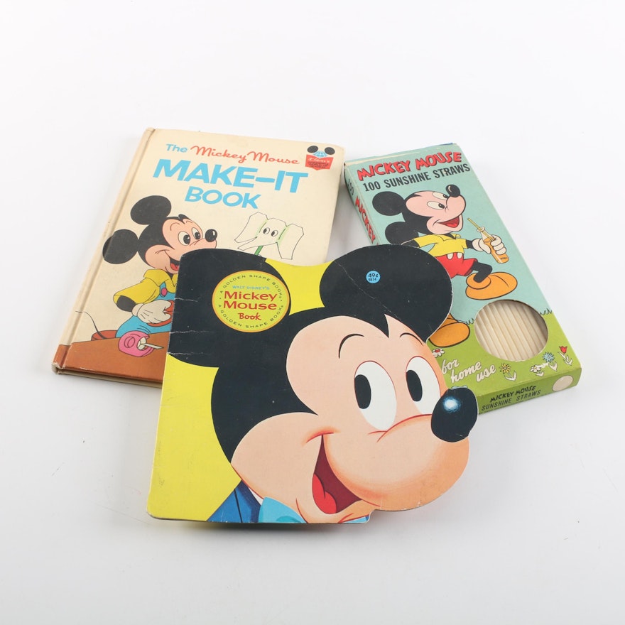 Vintage Mickey Mouse Children's Books and Straw Set