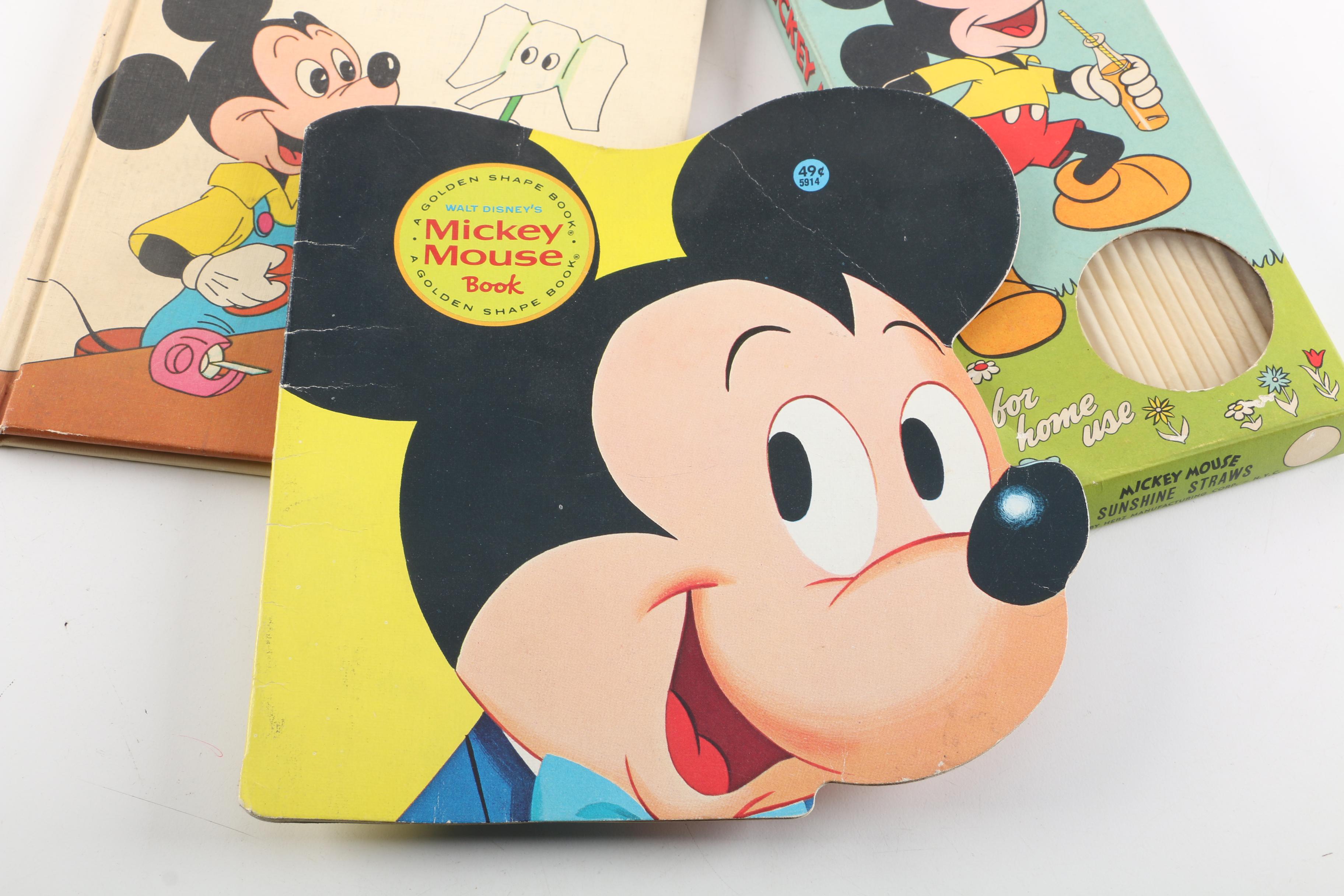 Vintage Mickey Mouse Children's Books and Straw Set