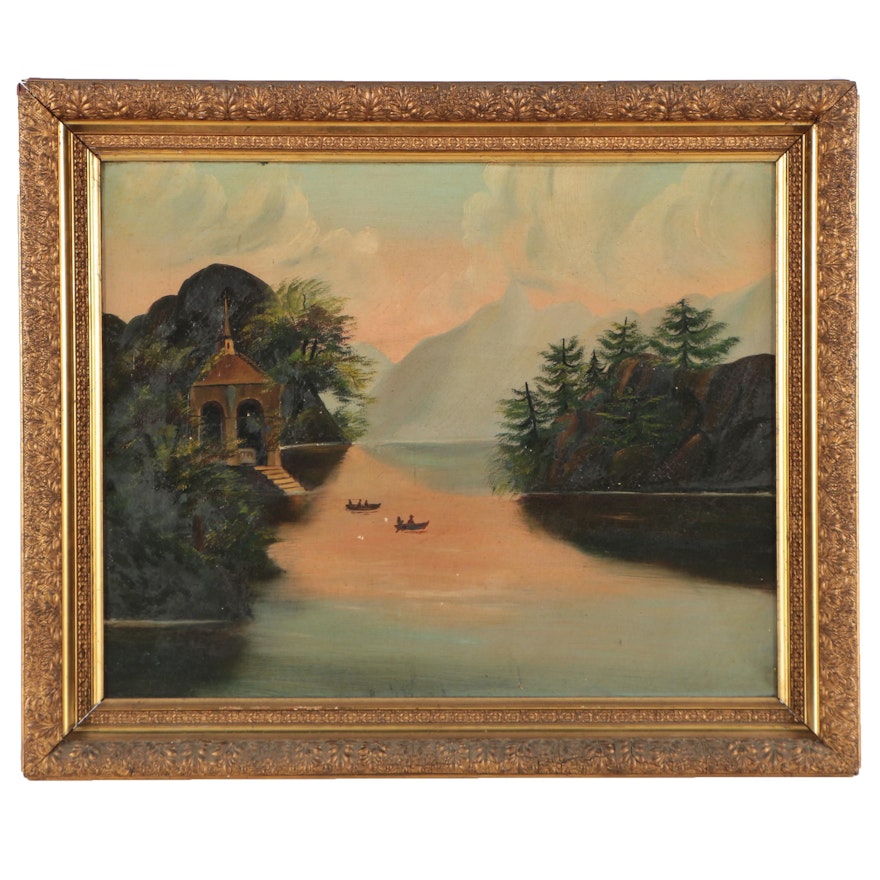 Antique Naïve Oil Painting of Sailboats in a Lake