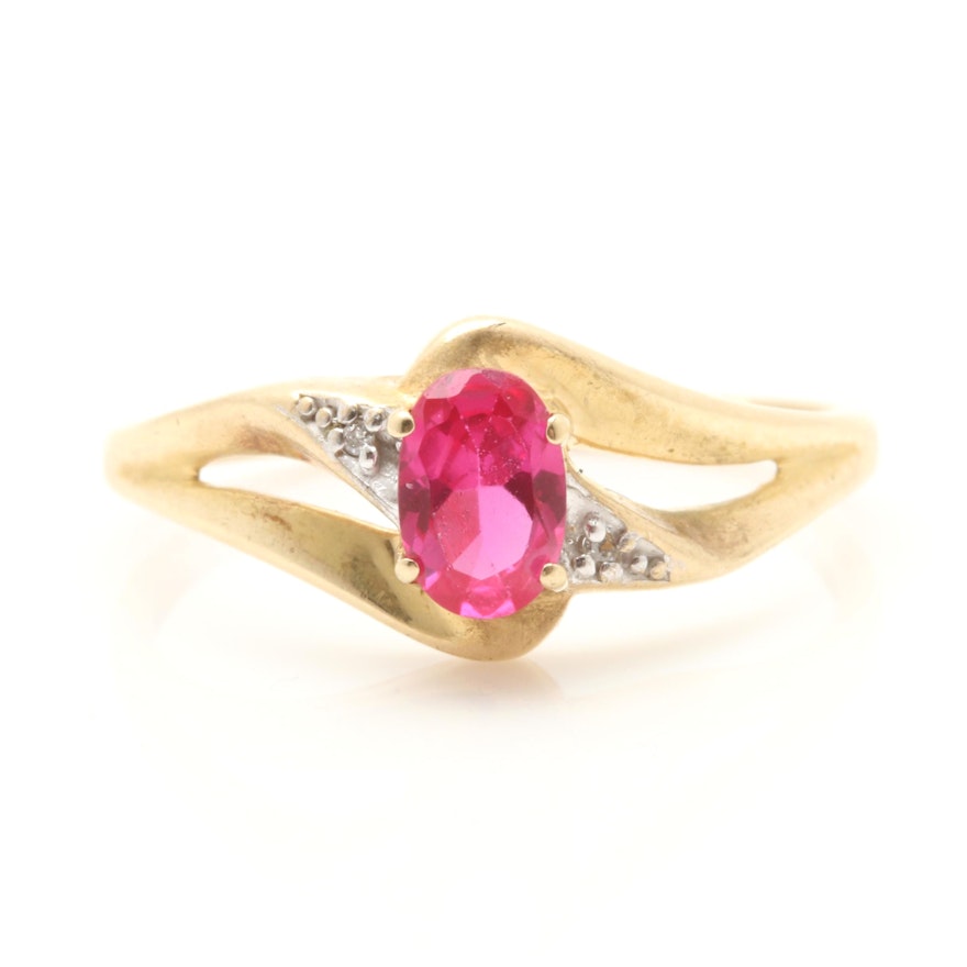 10K Yellow Gold Synthetic Ruby and Diamond Ring