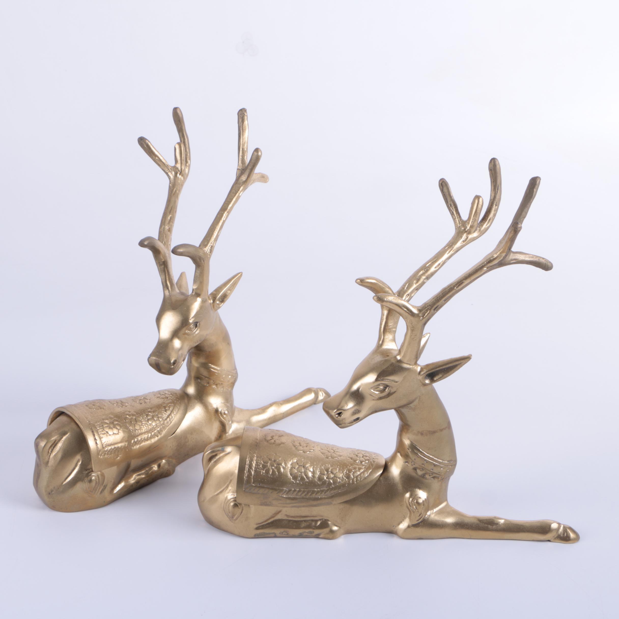 Brass-Tone Metal Lidded Deer Figurines