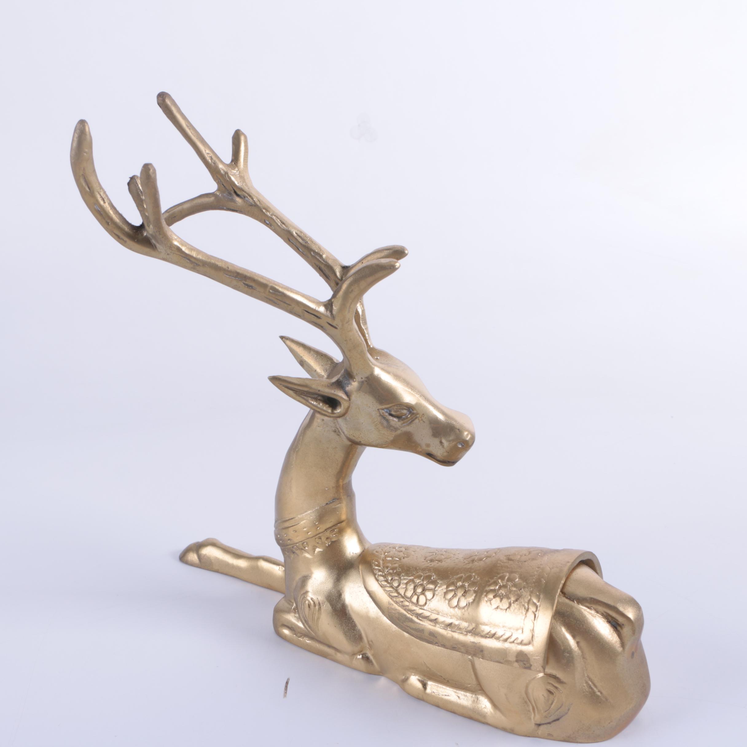 Brass-Tone Metal Lidded Deer Figurines