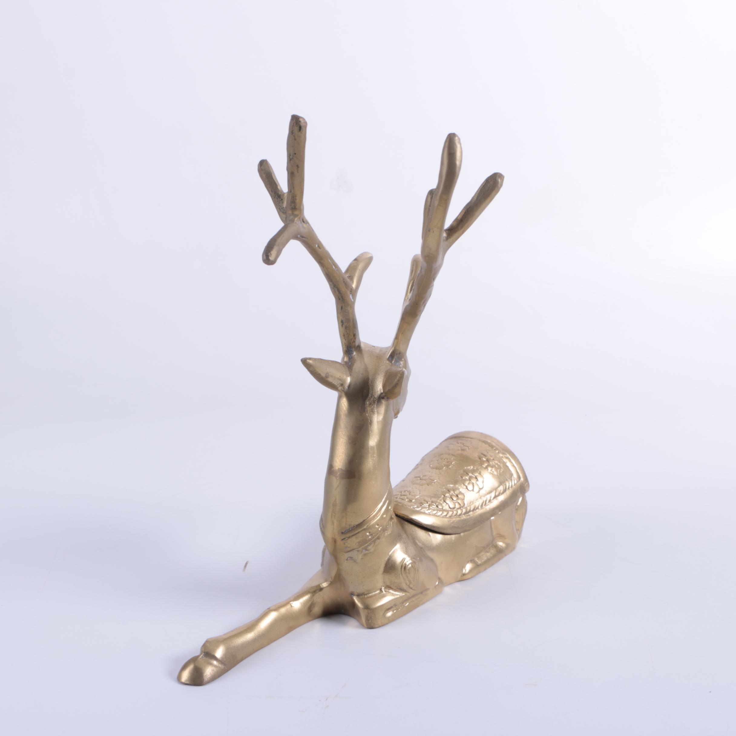 Brass-Tone Metal Lidded Deer Figurines