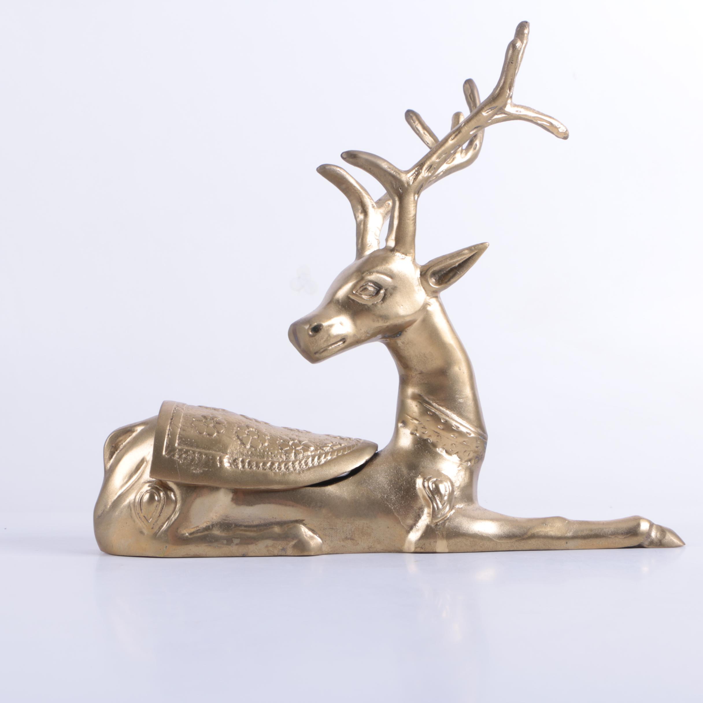 Brass-Tone Metal Lidded Deer Figurines