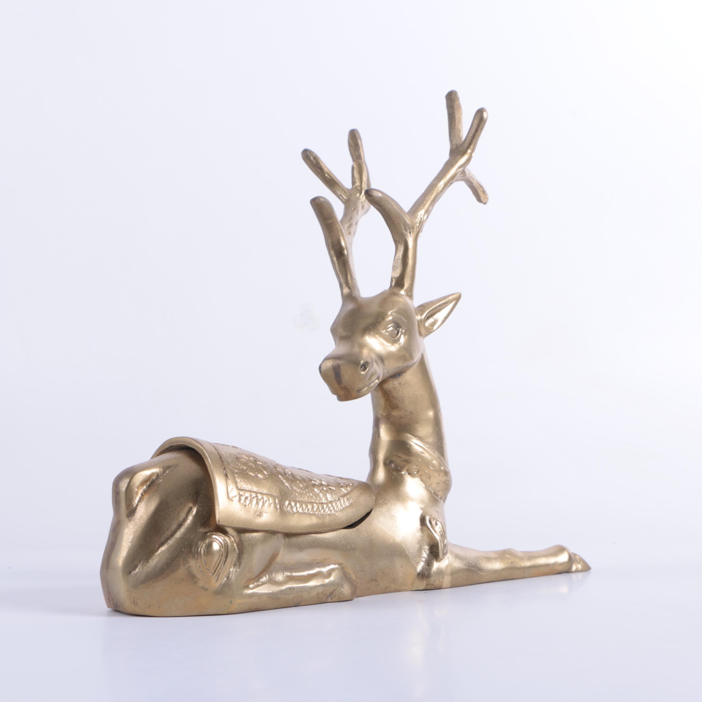 Brass-Tone Metal Lidded Deer Figurines