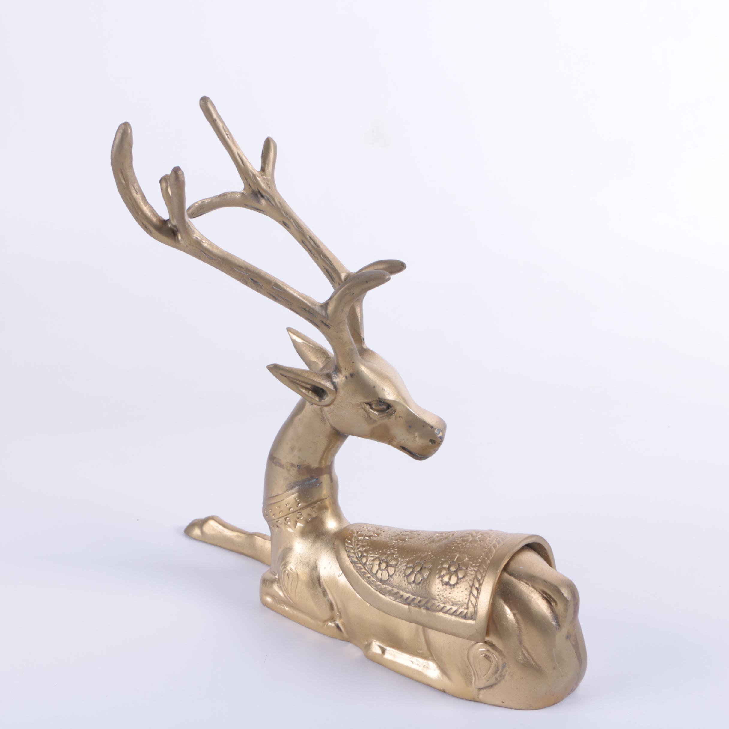 Brass-Tone Metal Lidded Deer Figurines