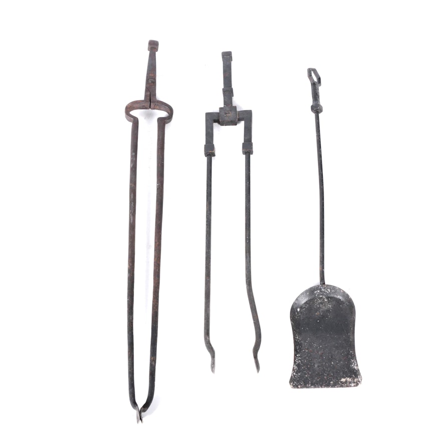 Wrought Iron Fireplace Shovel and Two Pairs of Tongs