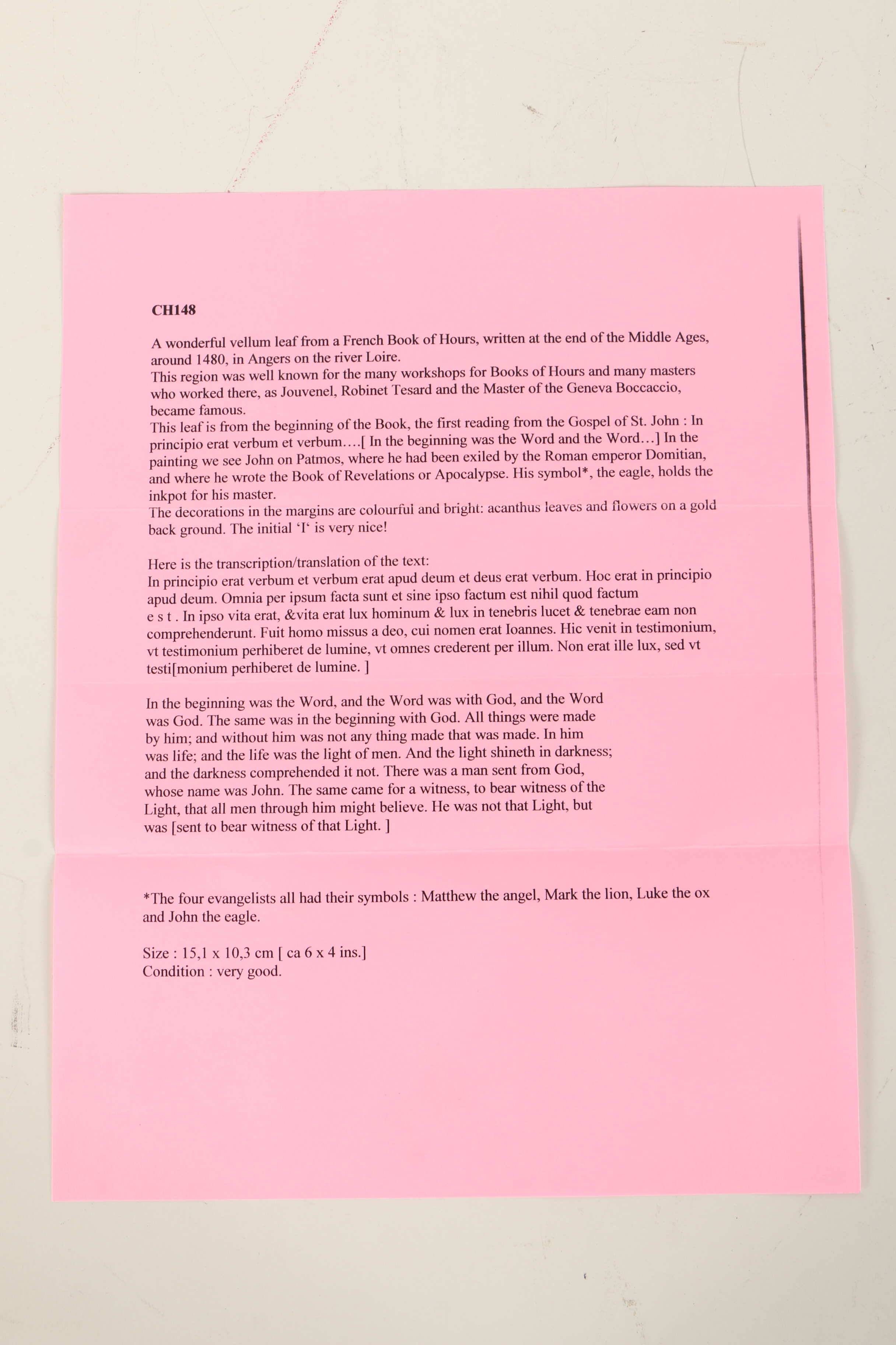 15th-Century Hand-Painted Illuminated Manuscript "St. John"