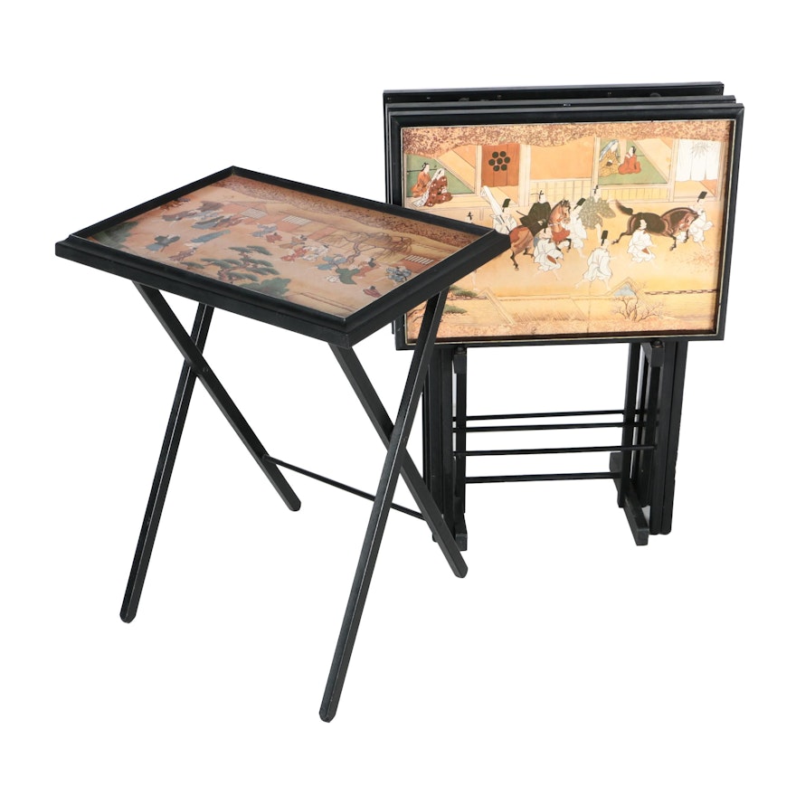 Four Tray Tables with Asian Scenes and Stand