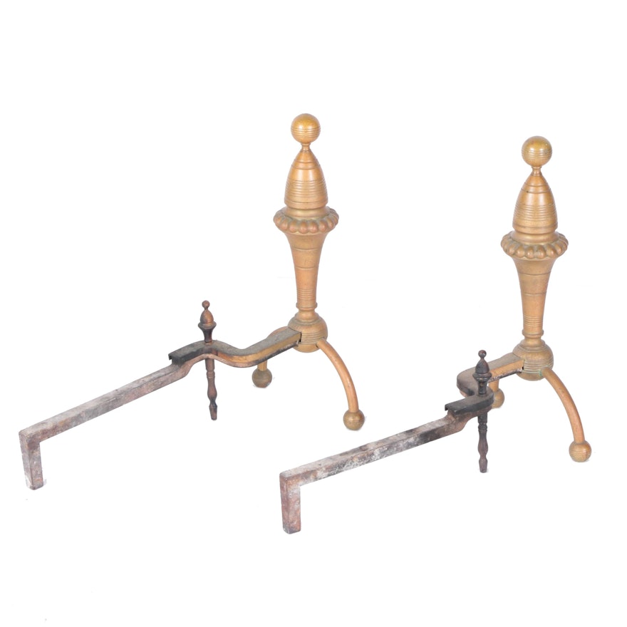 Victorian Brass Beehive Finial Andirons