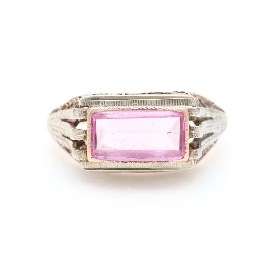 10K Yellow Gold Synthetic Pink Sapphire Ring with 14K White Gold Accents