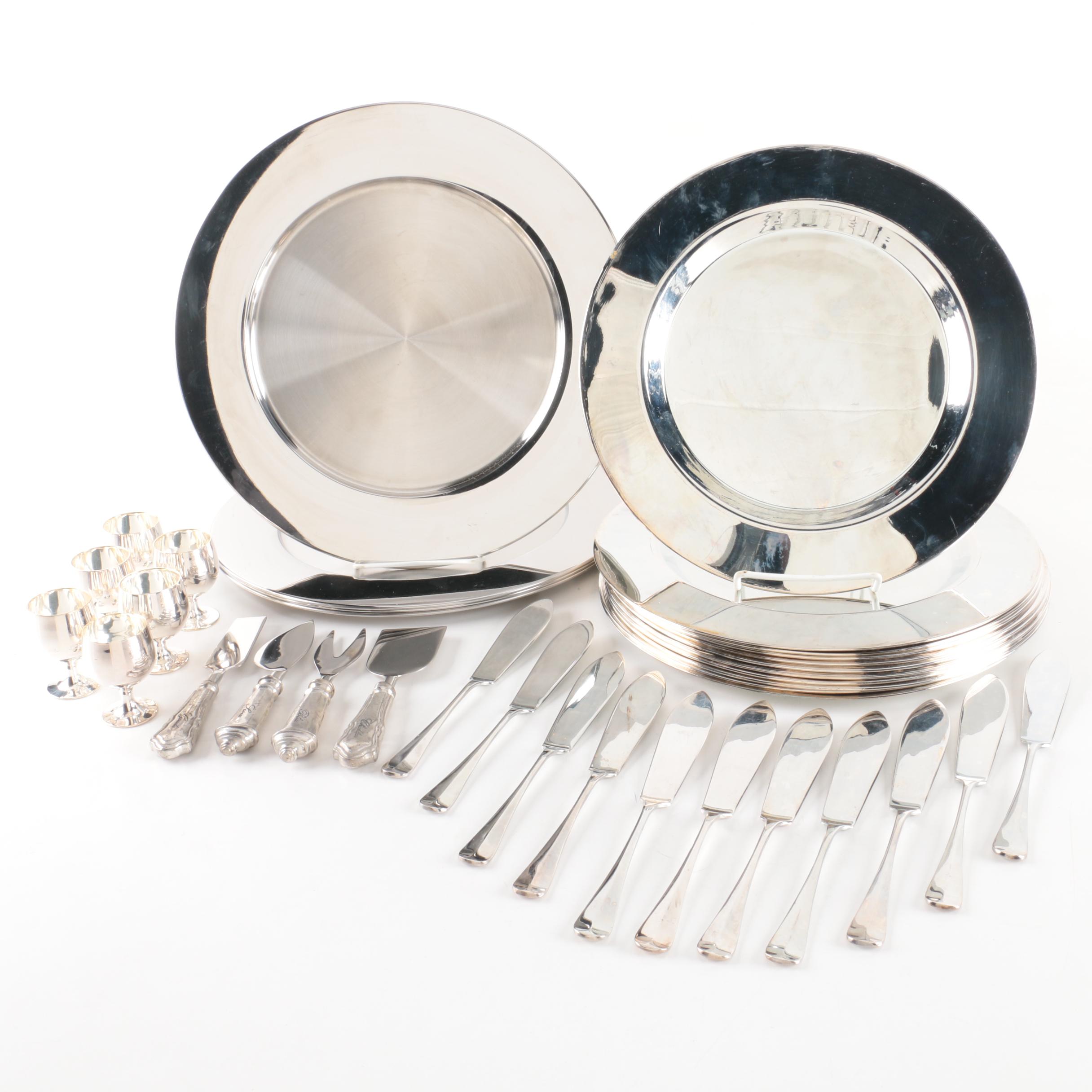 Silver Plate Cordial Glasses with Metal and Silver Plate Cheese Serving Set