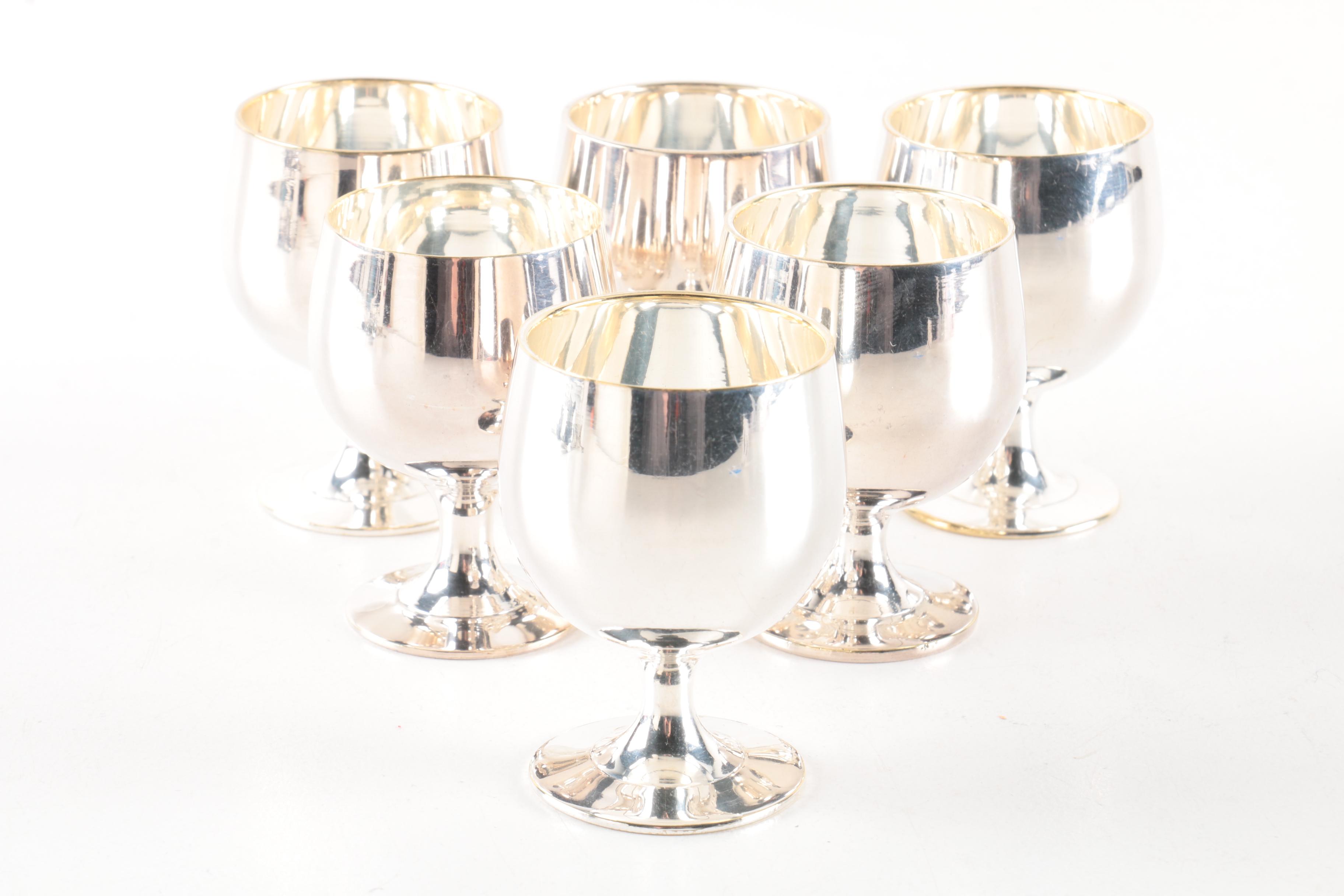 Silver Plate Cordial Glasses with Metal and Silver Plate Cheese Serving Set