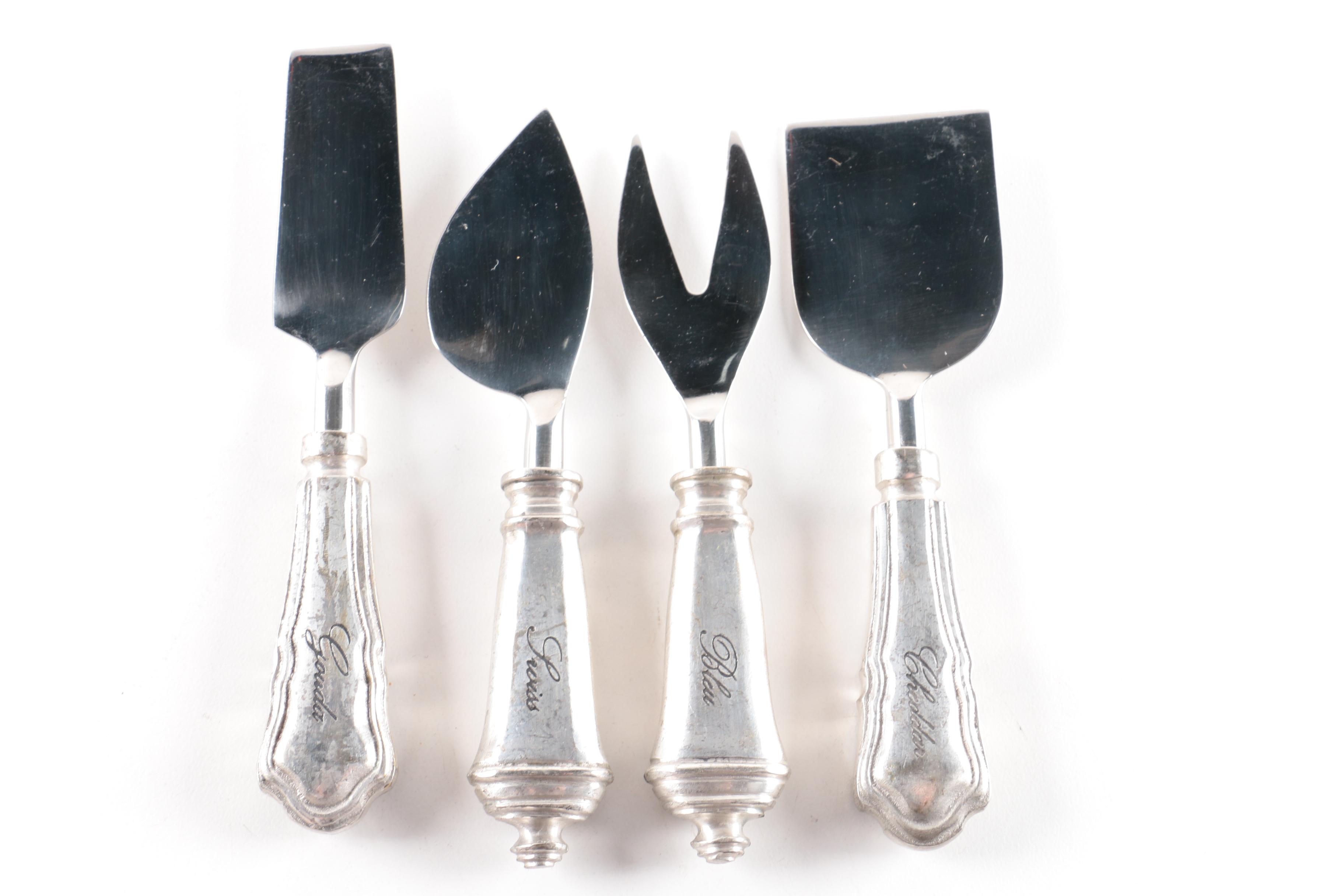 Silver Plate Cordial Glasses with Metal and Silver Plate Cheese Serving Set