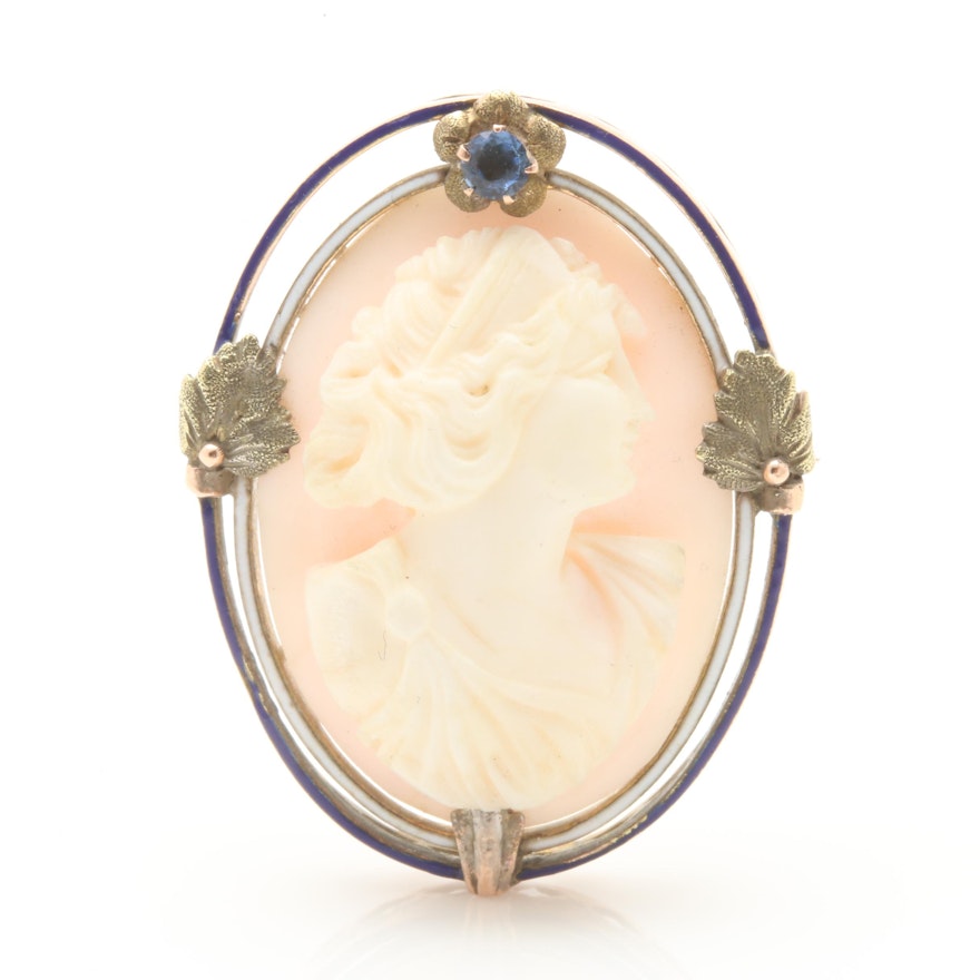 Antique Victorian 10K White Gold Conch Shell Cameo Brooch Pendant