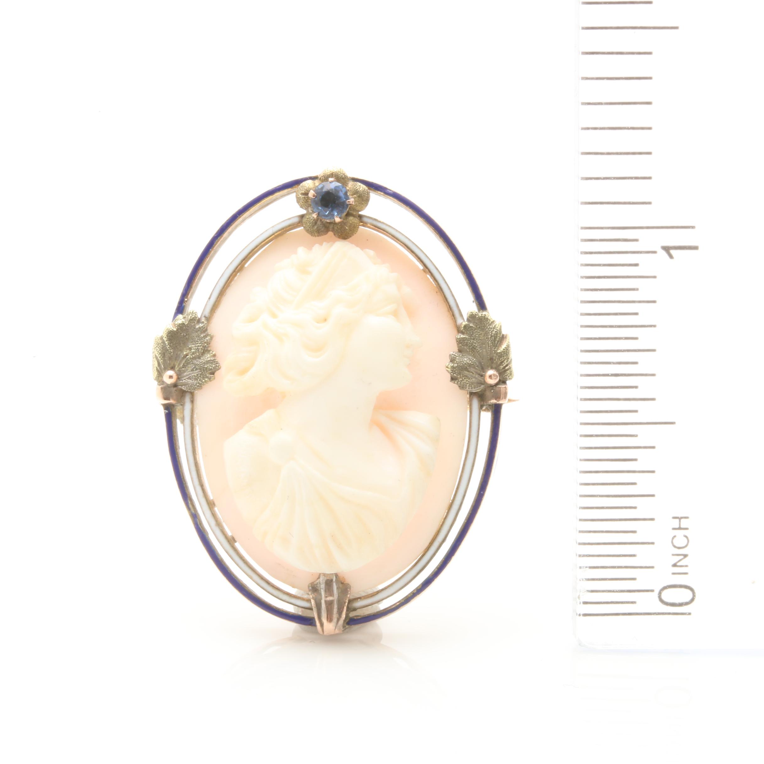 Antique Victorian 10K White Gold Conch Shell Cameo Brooch Pendant