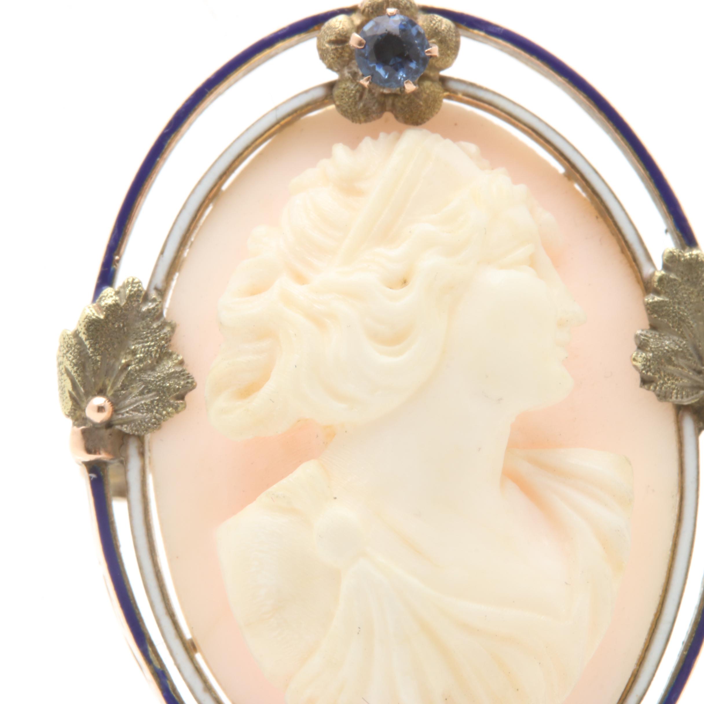 Antique Victorian 10K White Gold Conch Shell Cameo Brooch Pendant