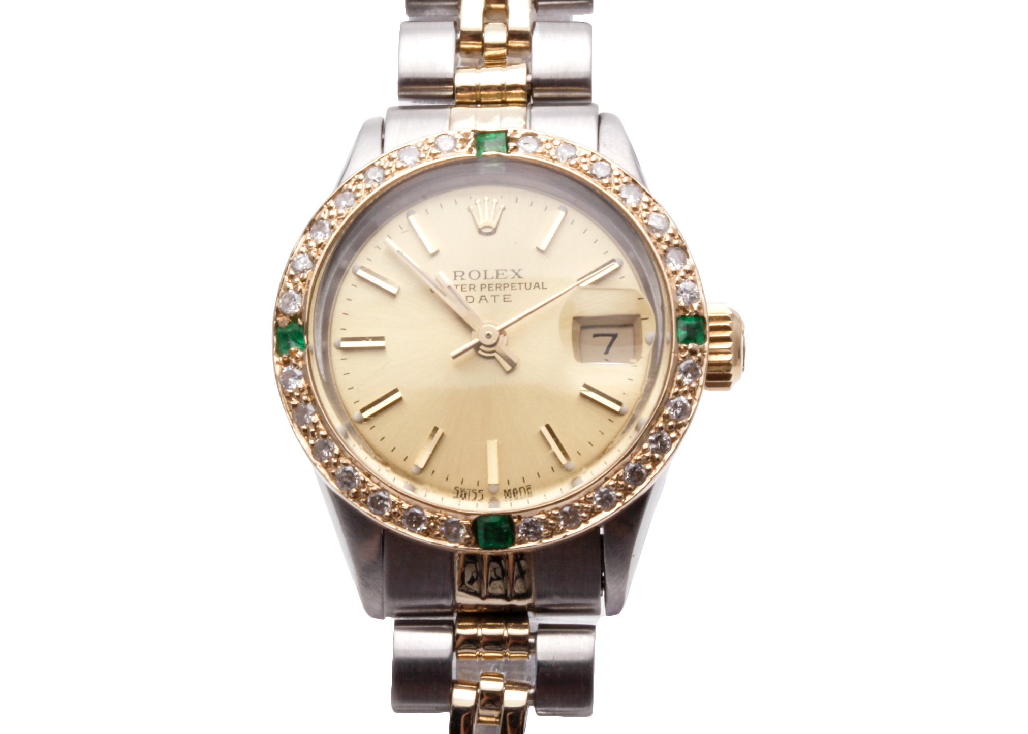 Rolex 14K Gold Accented Diamond and Emerald Watch