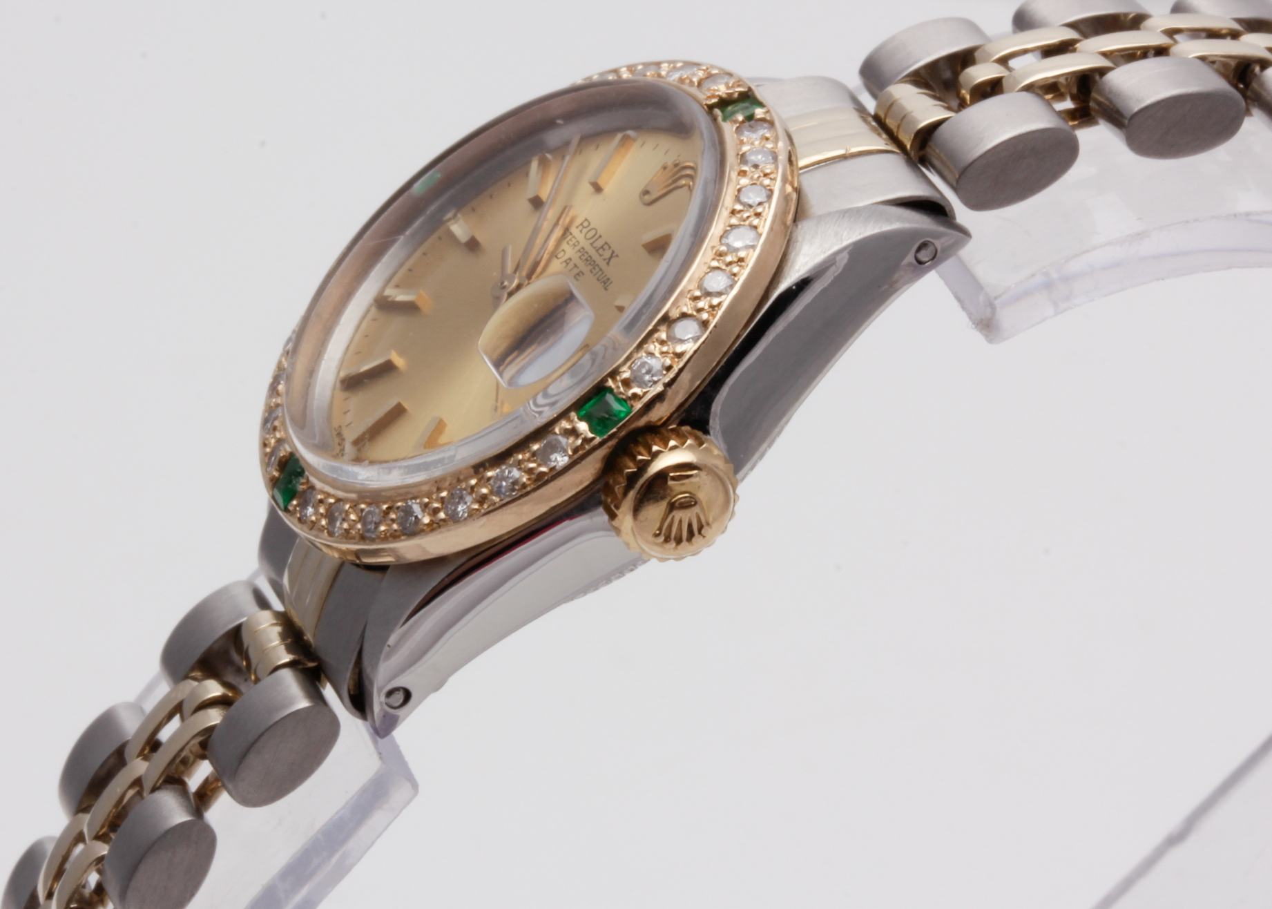 Rolex 14K Gold Accented Diamond and Emerald Watch