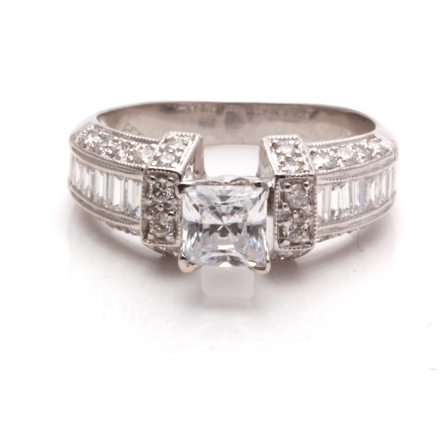 14K White Gold Semi Mount Diamond Ring With Cubic Zirconia Center Stone