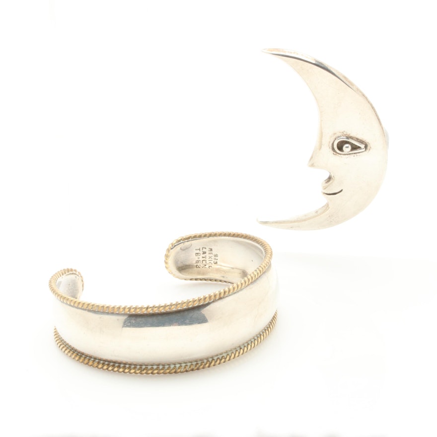 Taxco Mexico Sterling Silver Cuff Bracelet and Crescent Moon Brooch