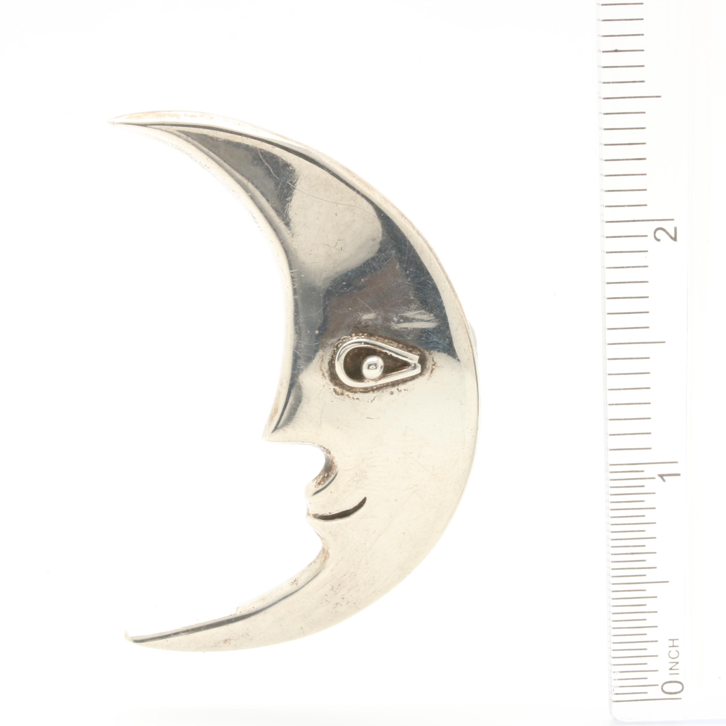 Taxco Mexico Sterling Silver Cuff Bracelet and Crescent Moon Brooch