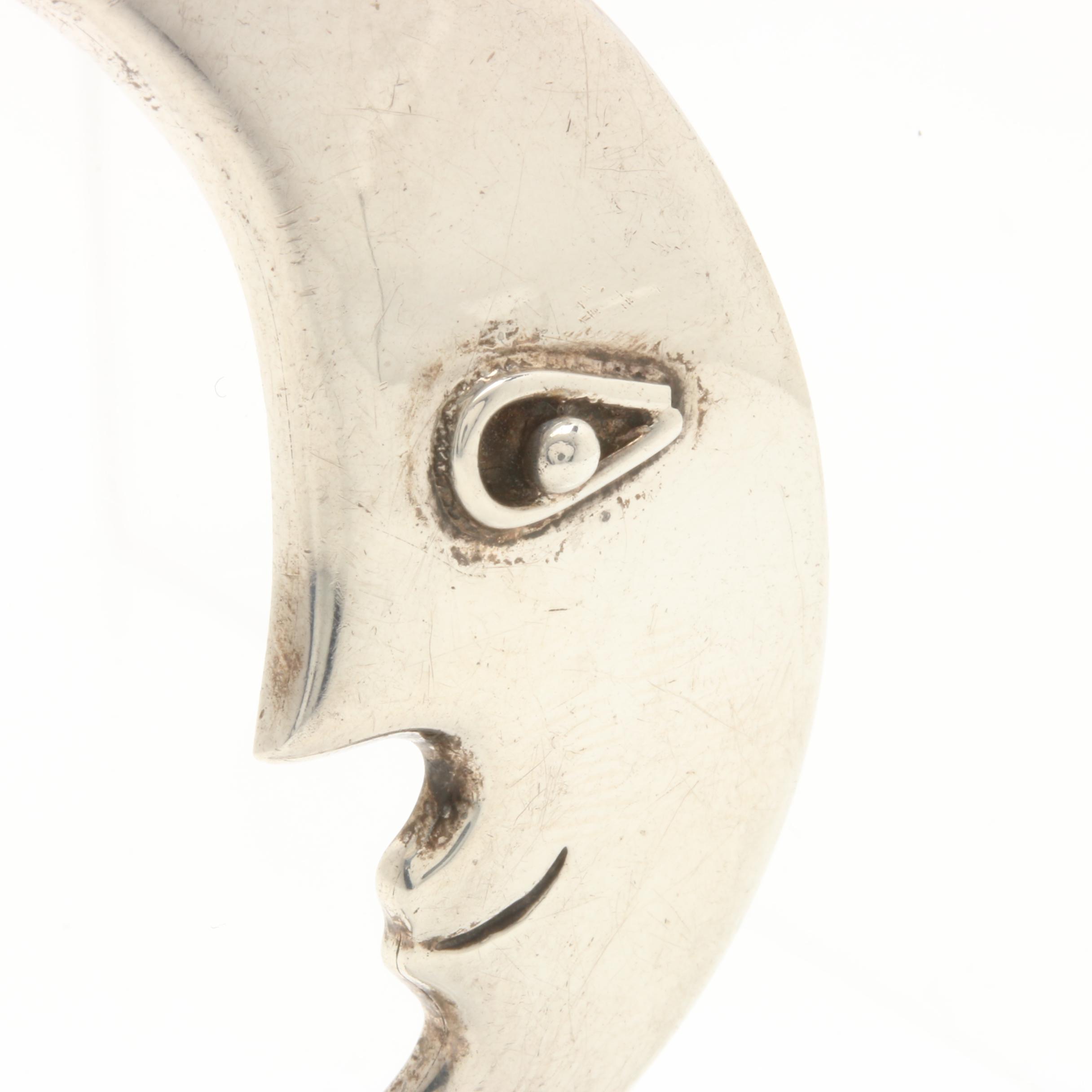 Taxco Mexico Sterling Silver Cuff Bracelet and Crescent Moon Brooch