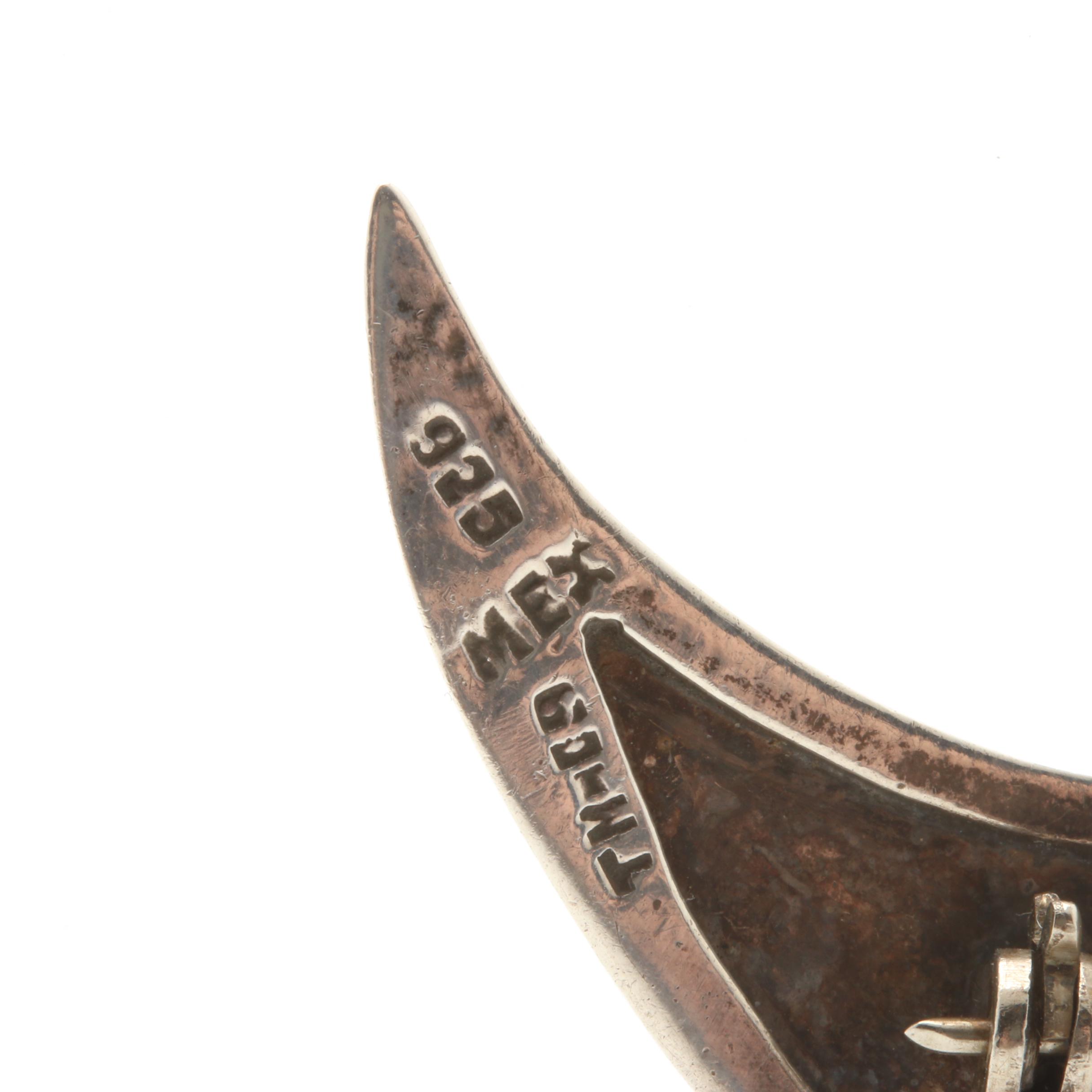 Taxco Mexico Sterling Silver Cuff Bracelet and Crescent Moon Brooch