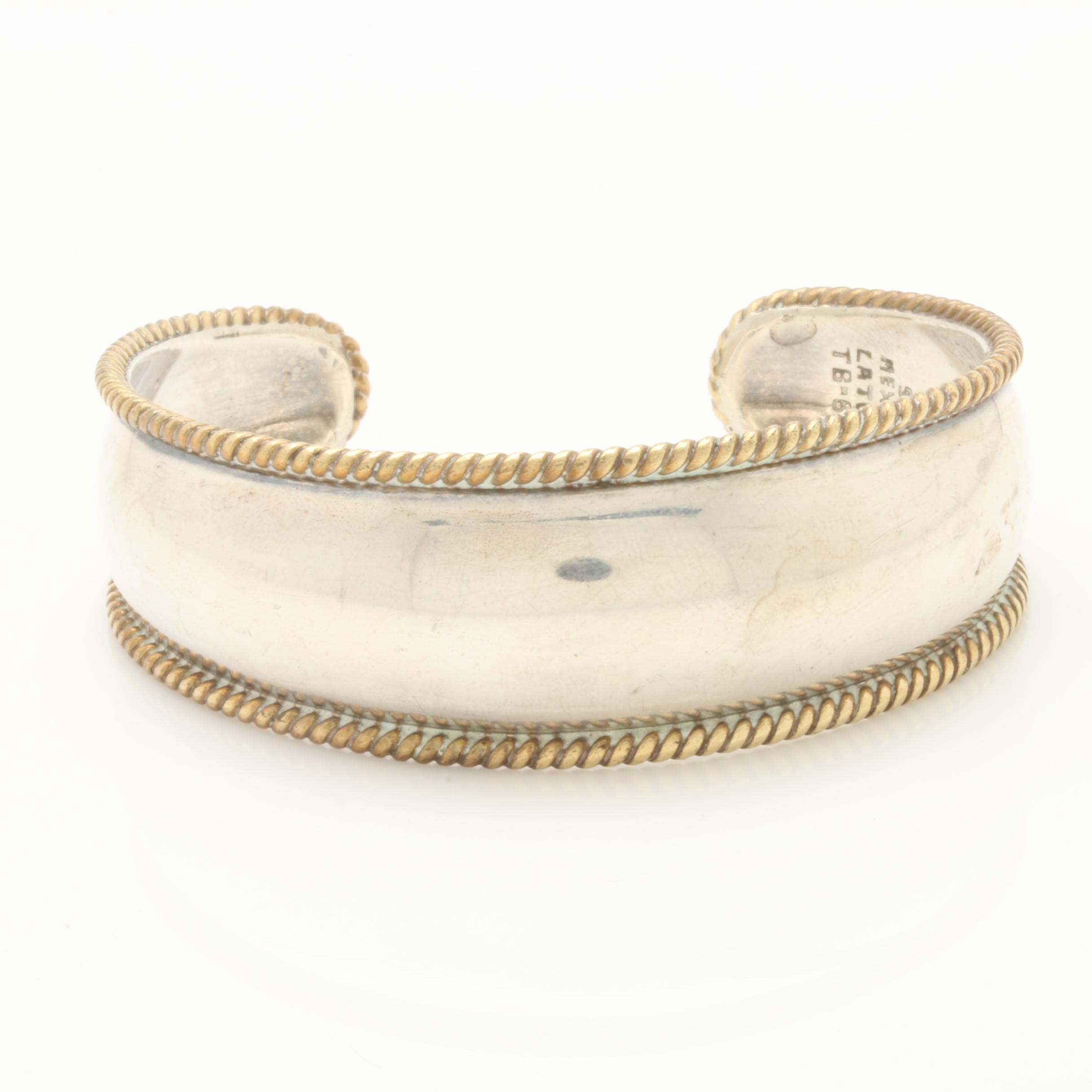 Taxco Mexico Sterling Silver Cuff Bracelet and Crescent Moon Brooch