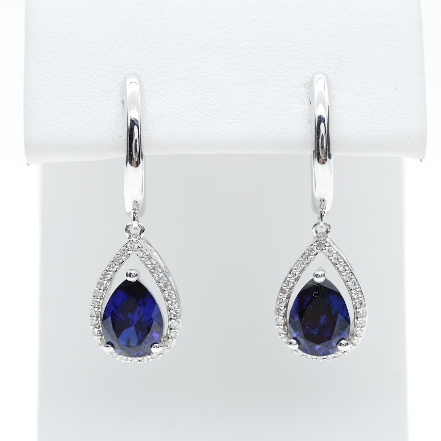 Sterling Silver Synthetic Sapphire and Diamond Earrings