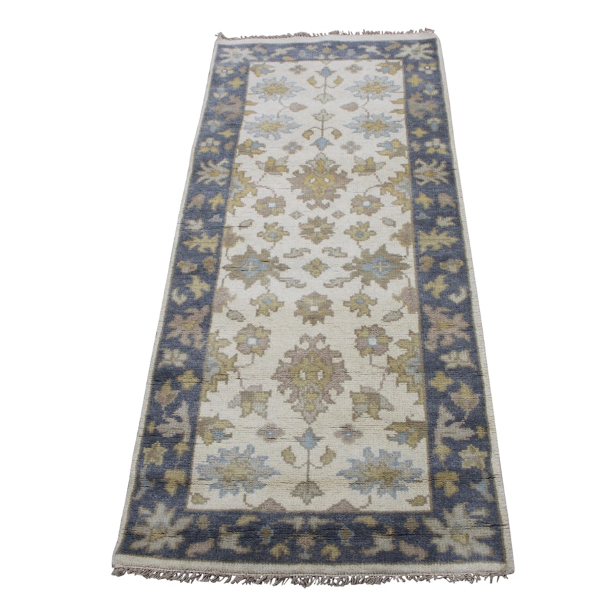 Hand-Knotted Turkish Oushak Wool Carpet Runner