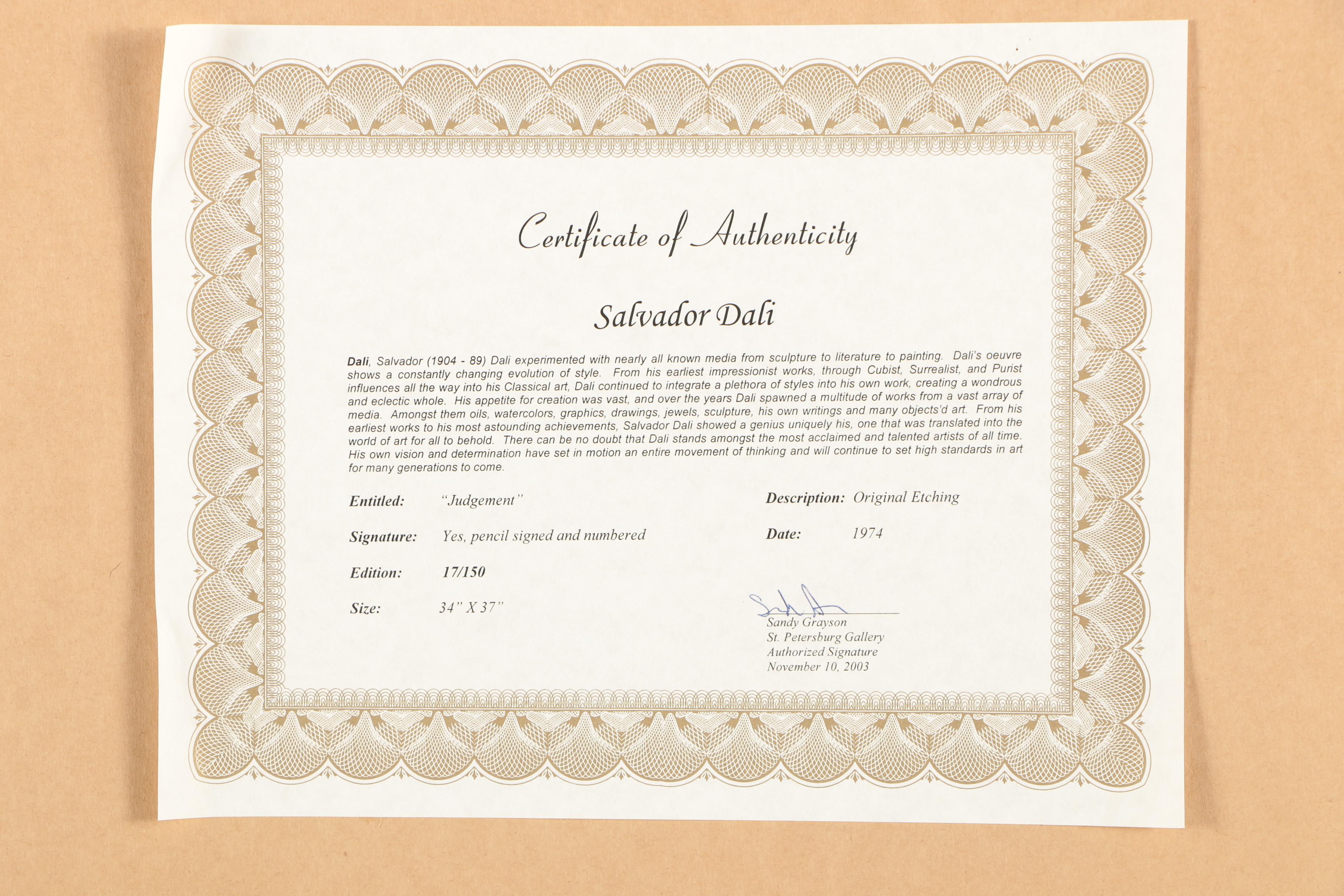 Salvador Dalí Hand-Tinted Etching on Japon Paper "Judgment"