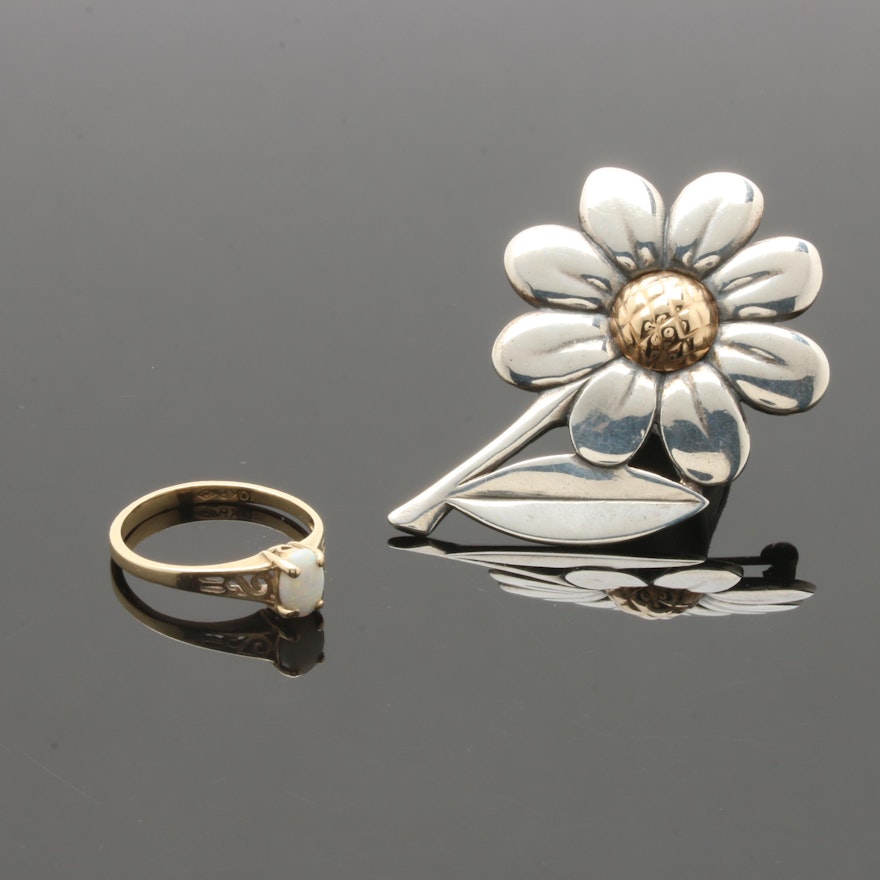 Sterling Silver, 10K and 14K Gold Brooch and Opal Ring Including James Avery