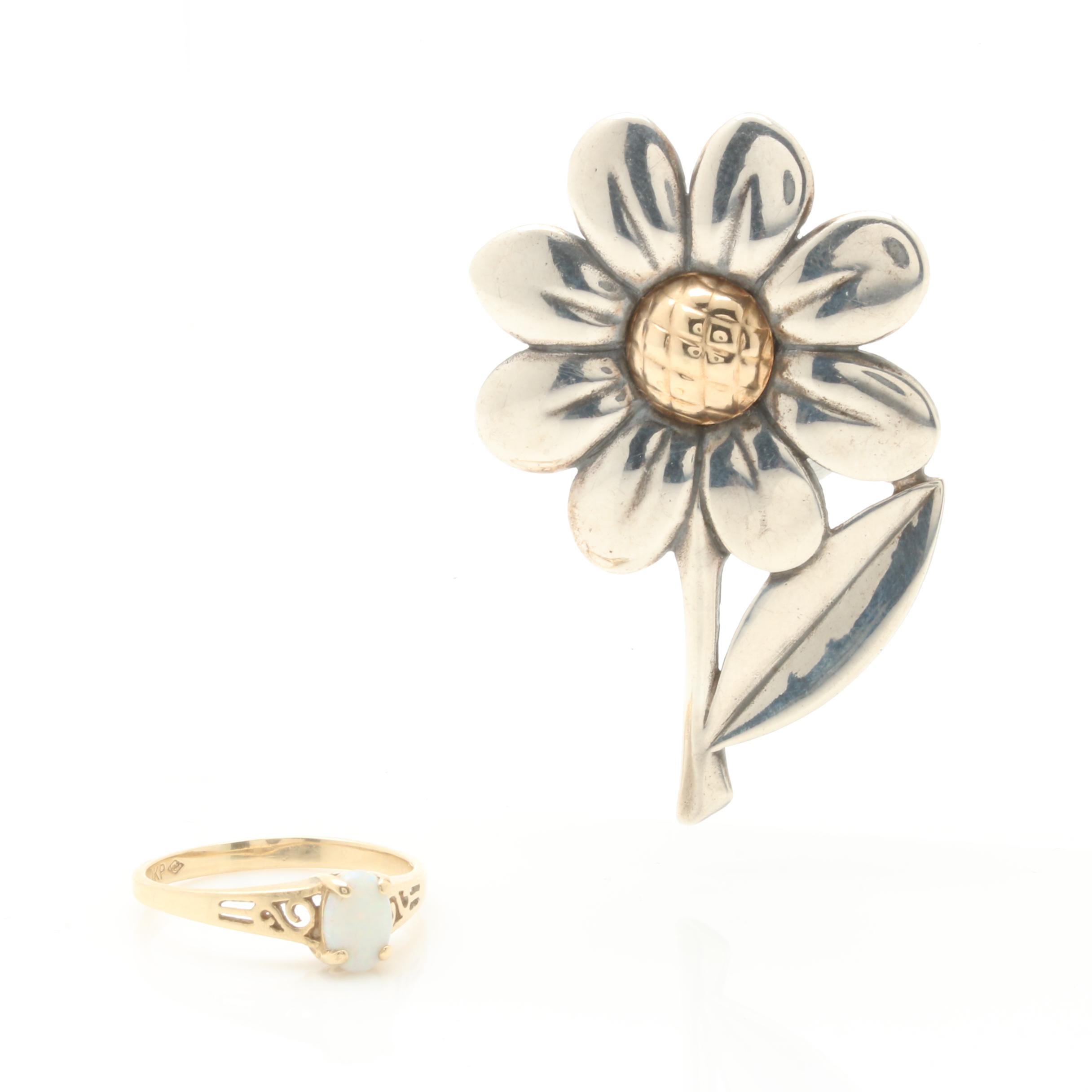 Sterling Silver, 10K and 14K Gold Brooch and Opal Ring Including James Avery
