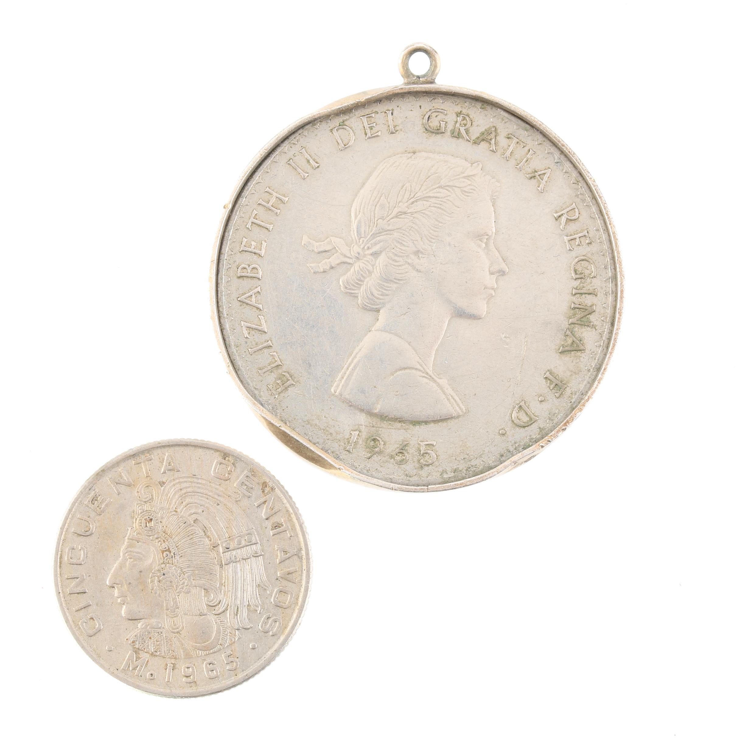1965 United Kingdom One Crown Coin and a 1965 Mexico Fifty Centavos Coin