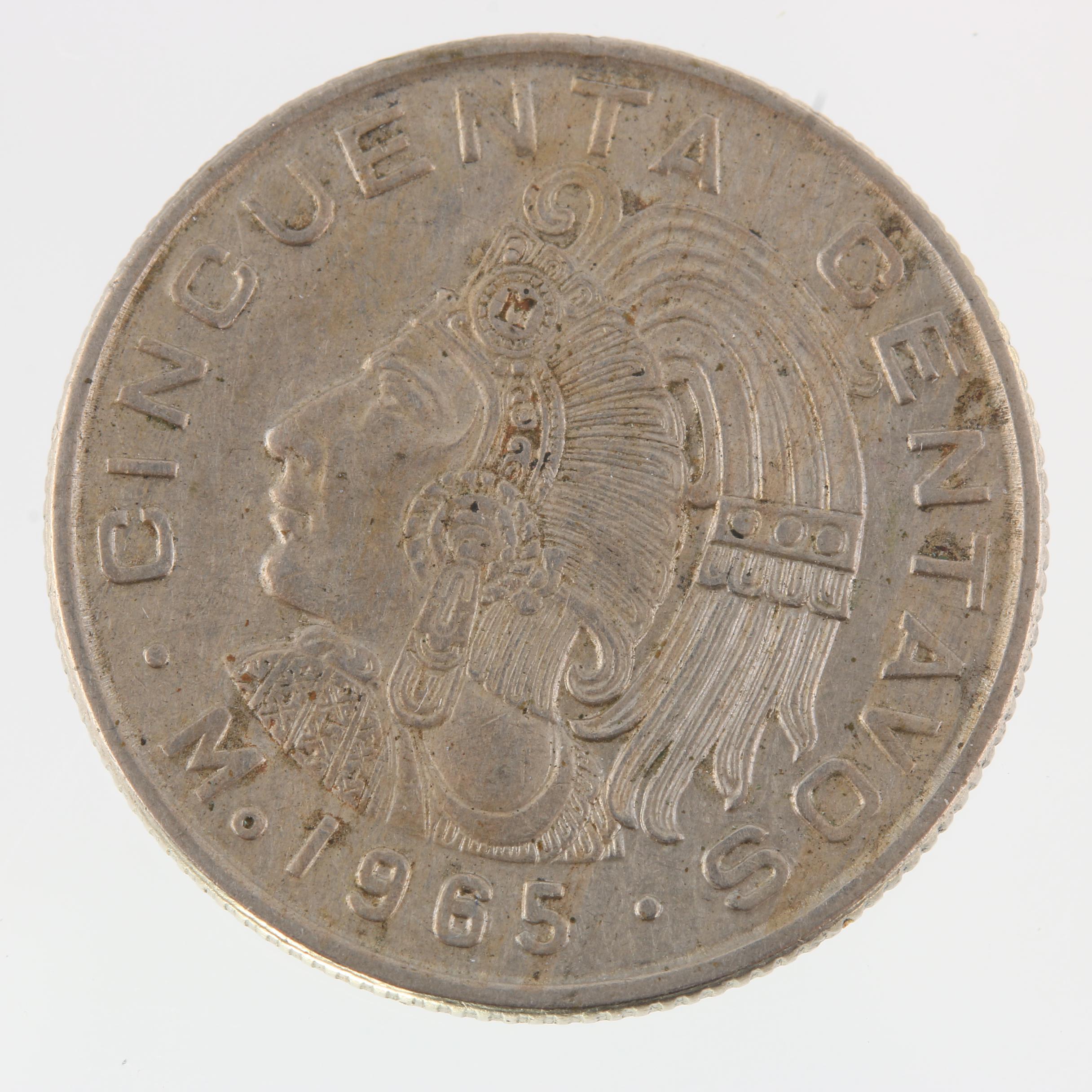 1965 United Kingdom One Crown Coin and a 1965 Mexico Fifty Centavos Coin