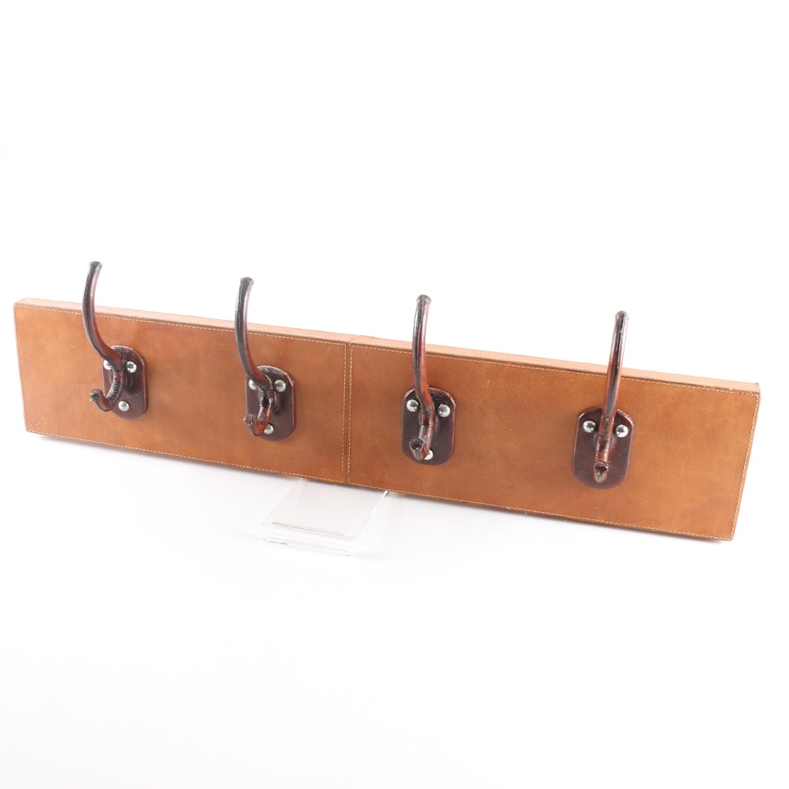 Hanging Leather Covered Wood Coat and Hat Rack with Stetson Leather