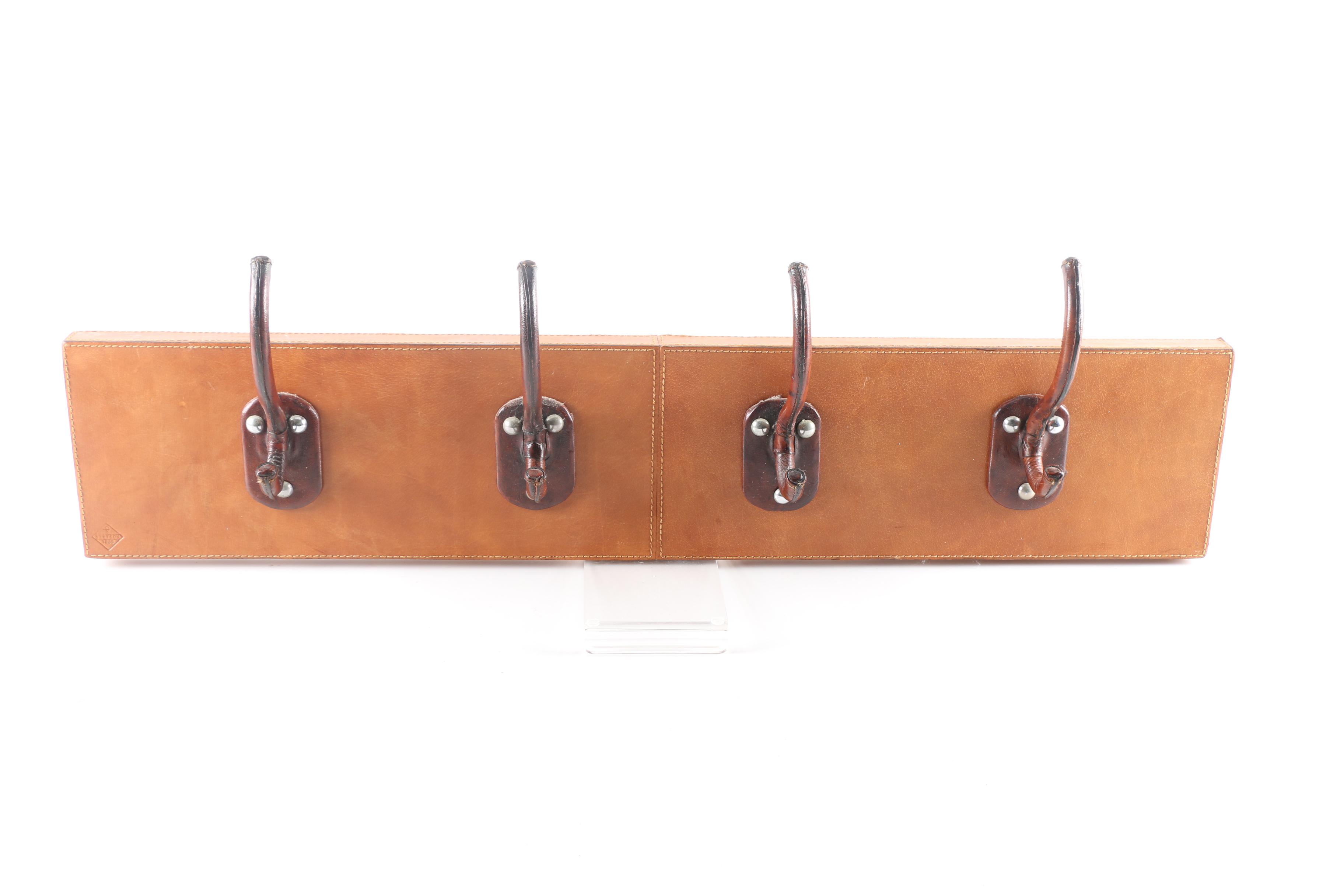 Hanging Leather Covered Wood Coat and Hat Rack with Stetson Leather