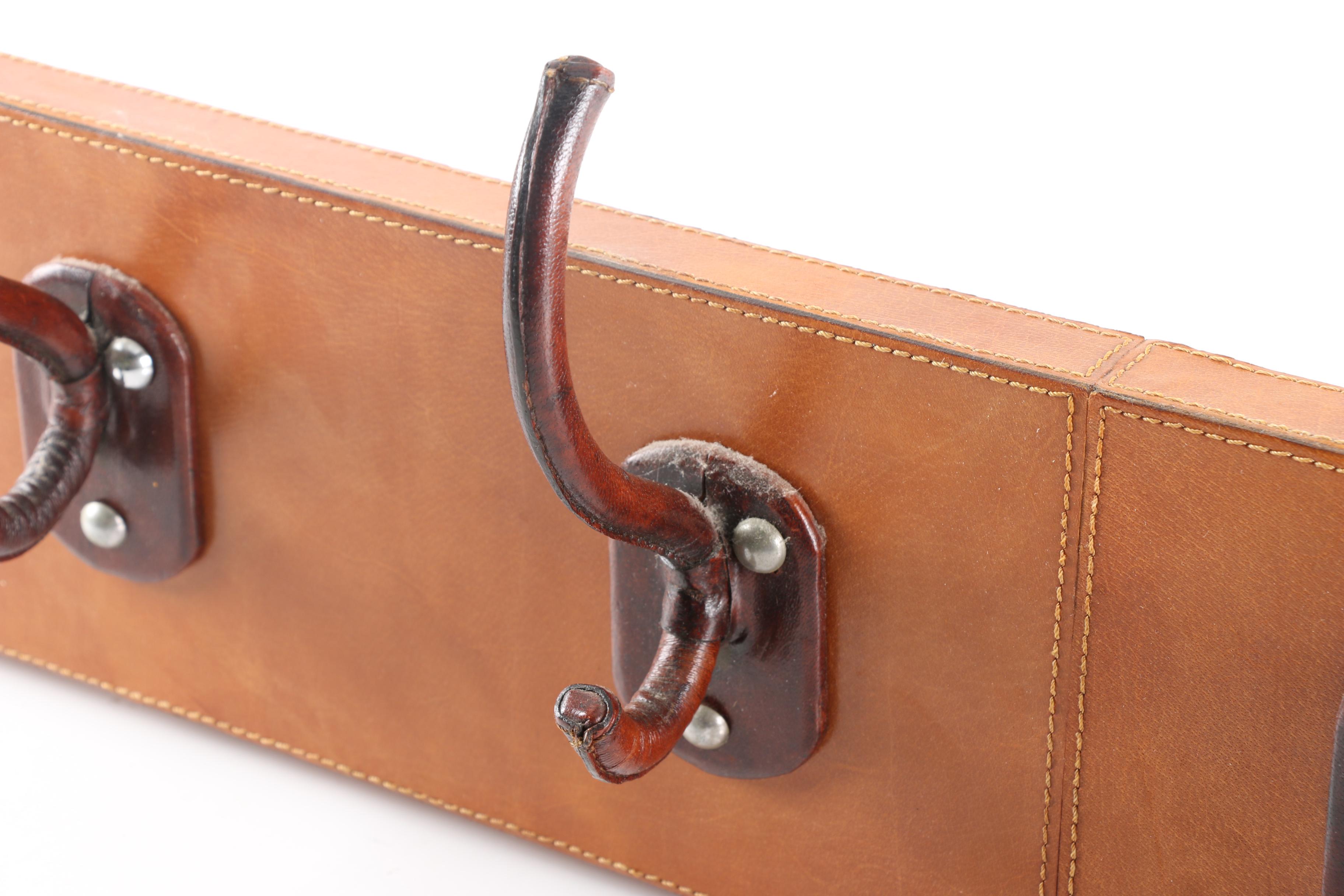 Hanging Leather Covered Wood Coat and Hat Rack with Stetson Leather
