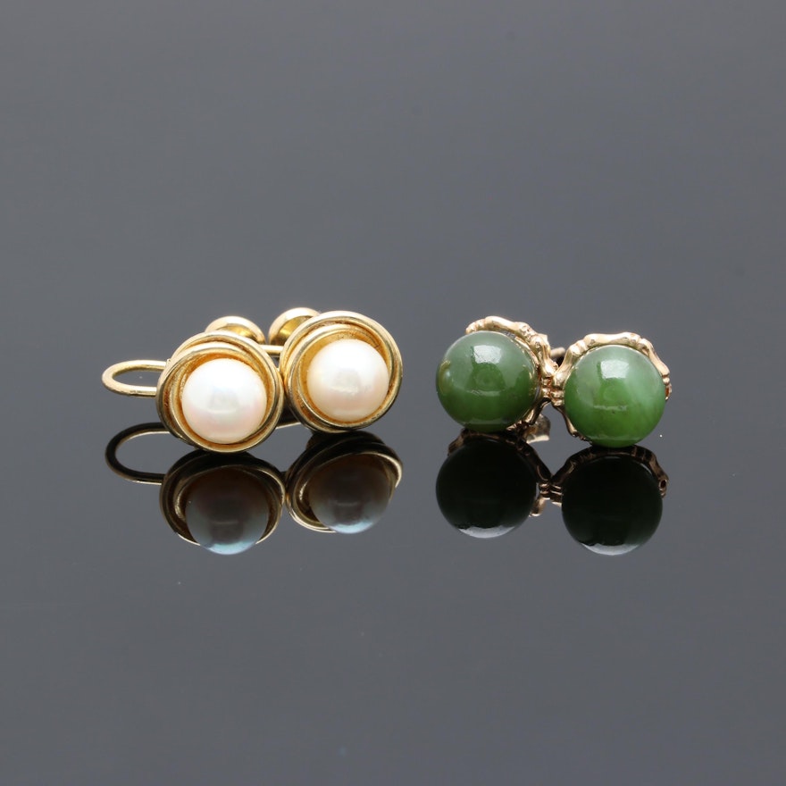 14K Yellow Gold Earring Selection Including Cultured Pearl and Nephrite