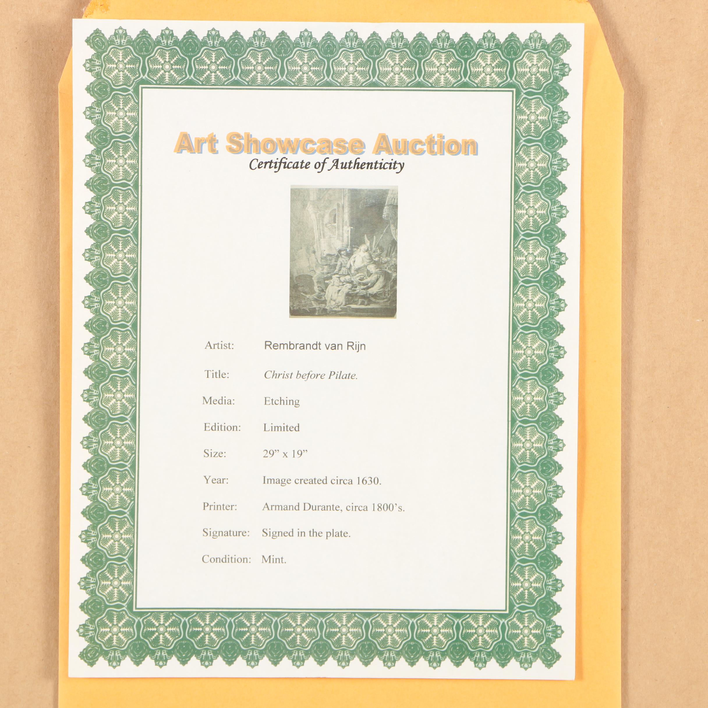 Rembrandt Restrike Etching "Christ Before Pilate"