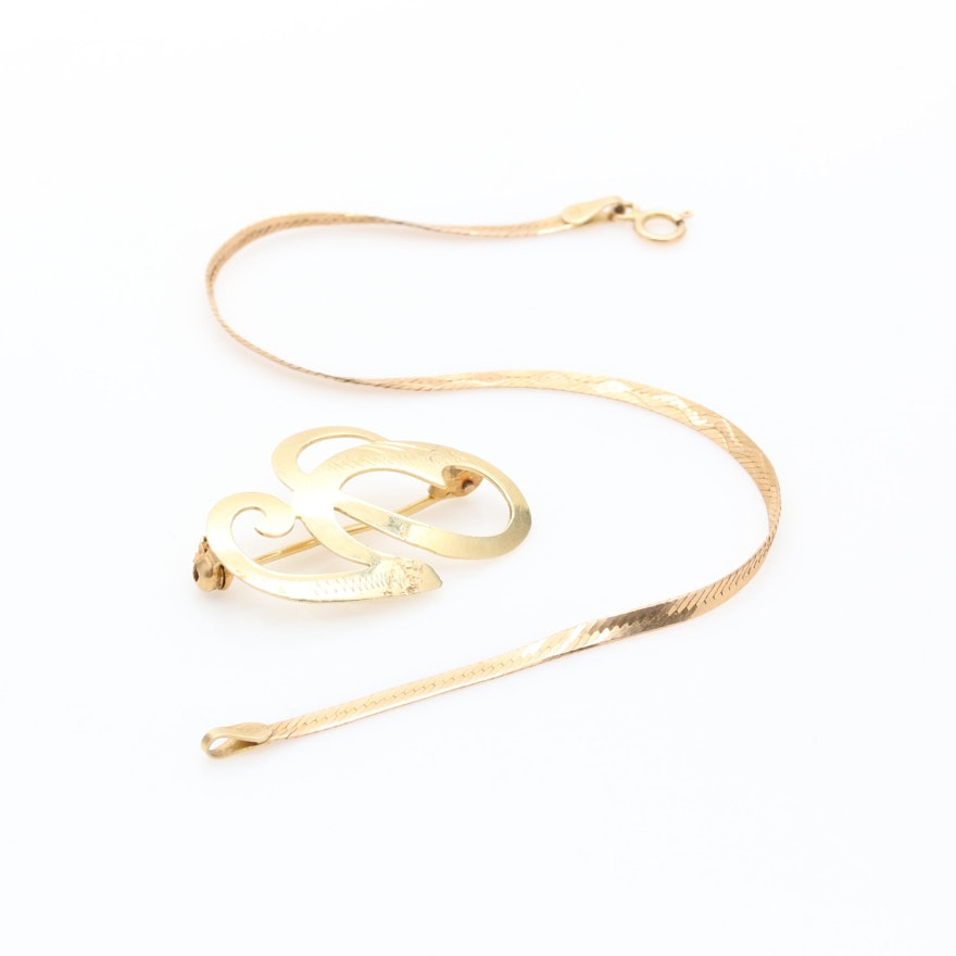 14K Yellow Gold Bracelet and "G" Brooch
