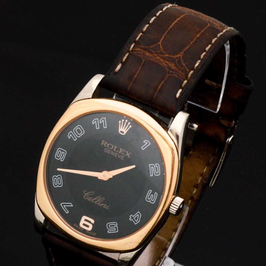 Rolex 18K Bi-Color Gold Cellini Wristwatch with Crocodile Leather Band